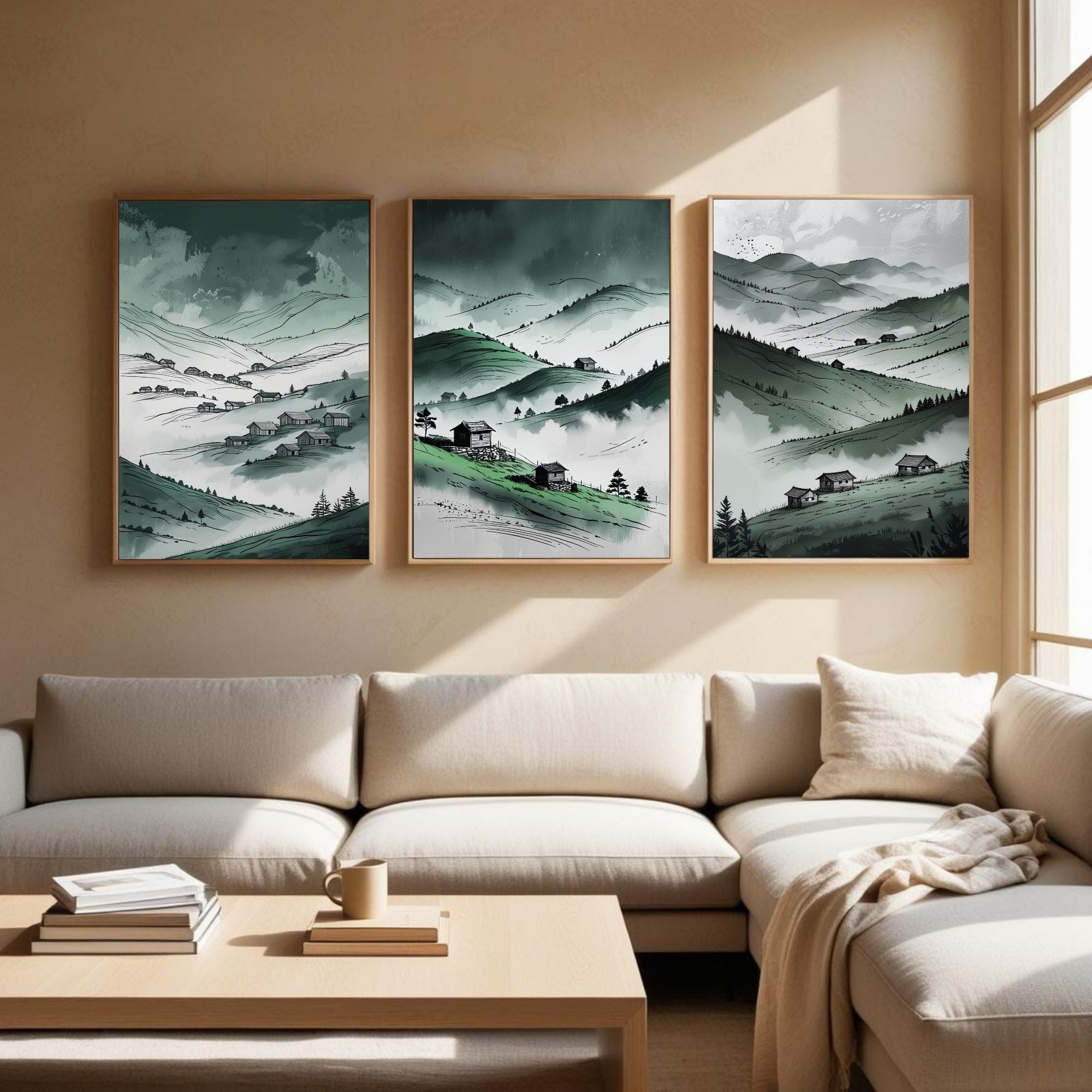Green Mountain Valley Wall Art Set of 3 | Misty Hills Landscape Prints | Rustic Countryside Decor | Digital Download