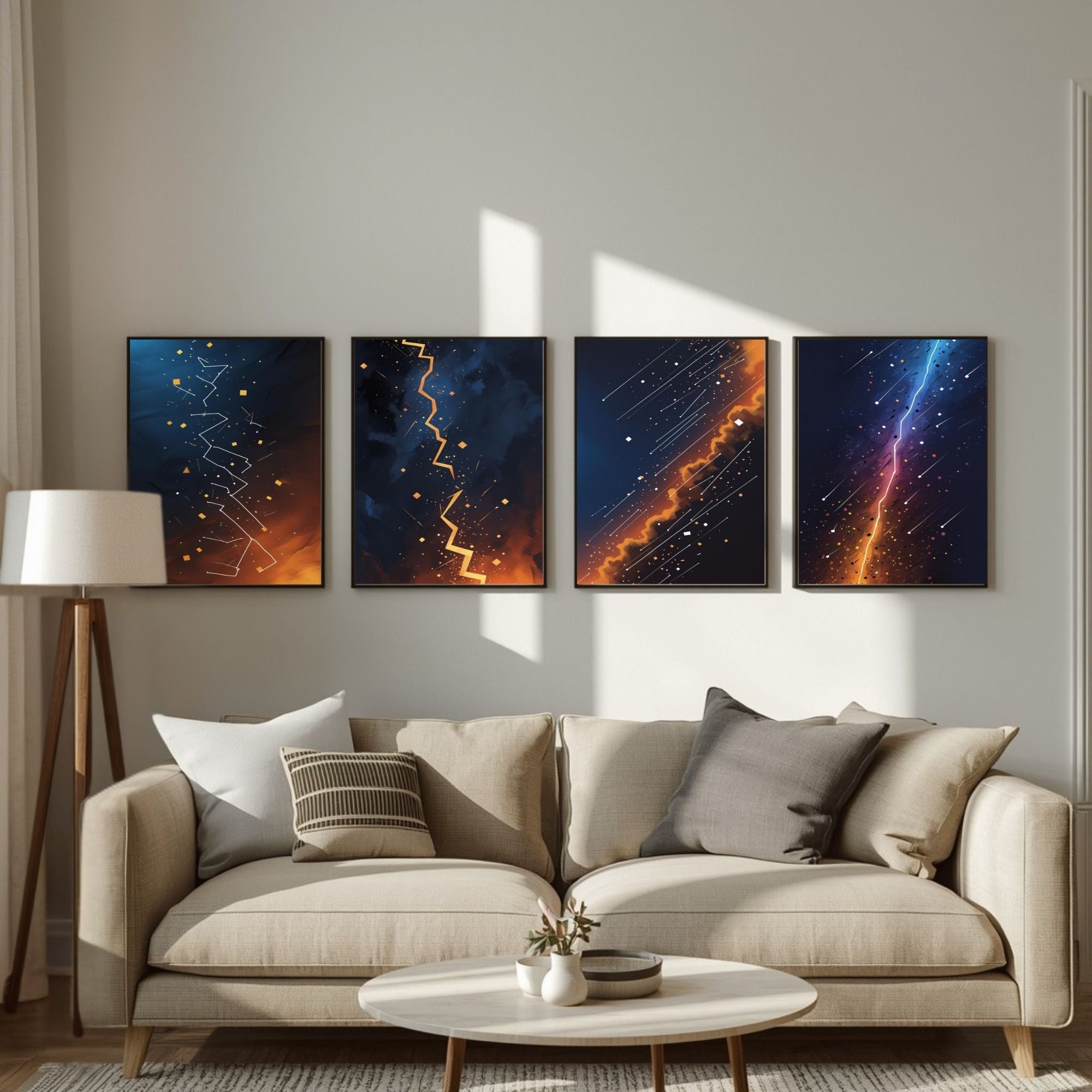 Cosmic Lightning Wall Art Set of 4 | Abstract Galaxy Prints | Celestial Space Decor | Digital Download