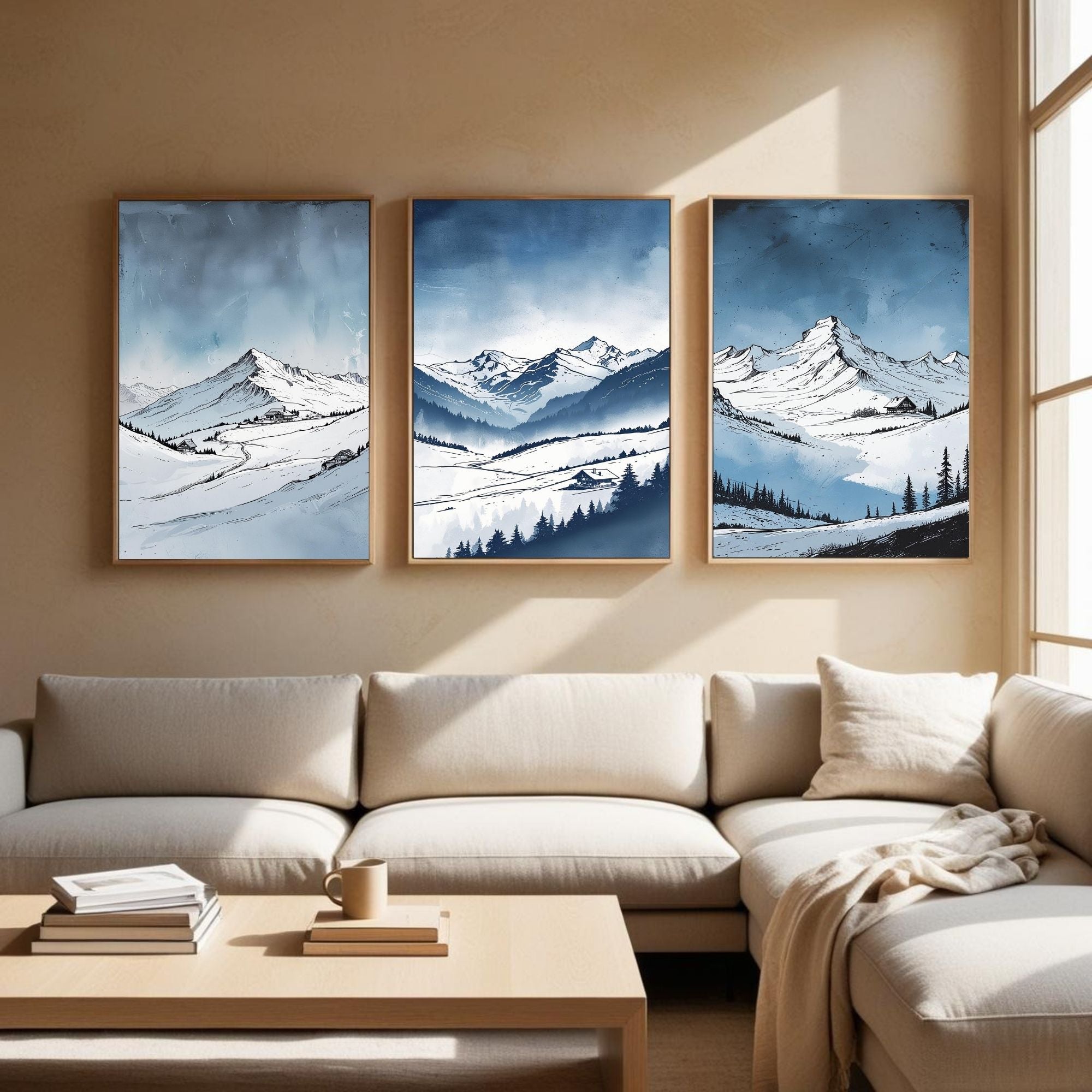 Winter Mountain Landscape Wall Art Set of 3 | Snowy Alpine Prints | Scandinavian Nature Decor | Digital Download