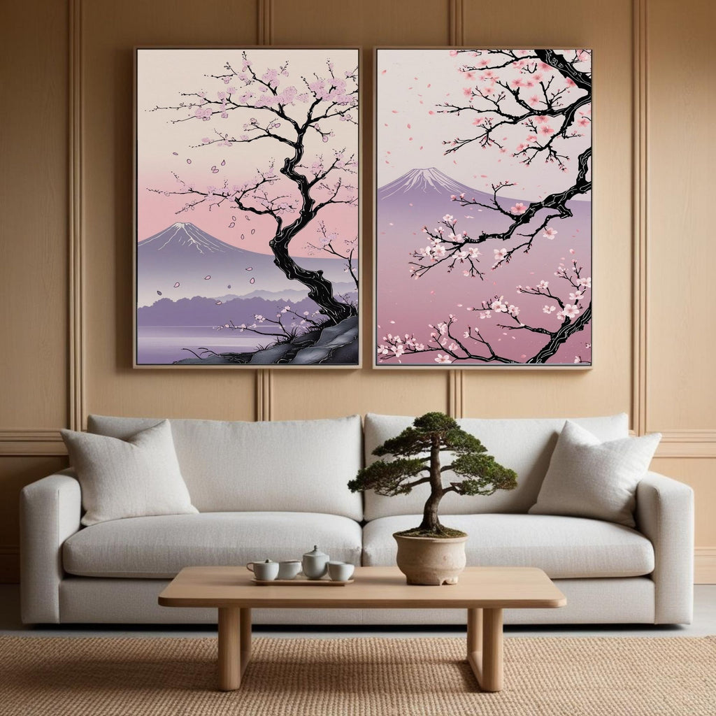 Japanese Cherry Blossom Wall Art Set of 2 | Sakura Tree Prints | Mount Fuji Landscape Decor | Pink Japanese Wall Art | Zen Nature Artwork | Digital Download