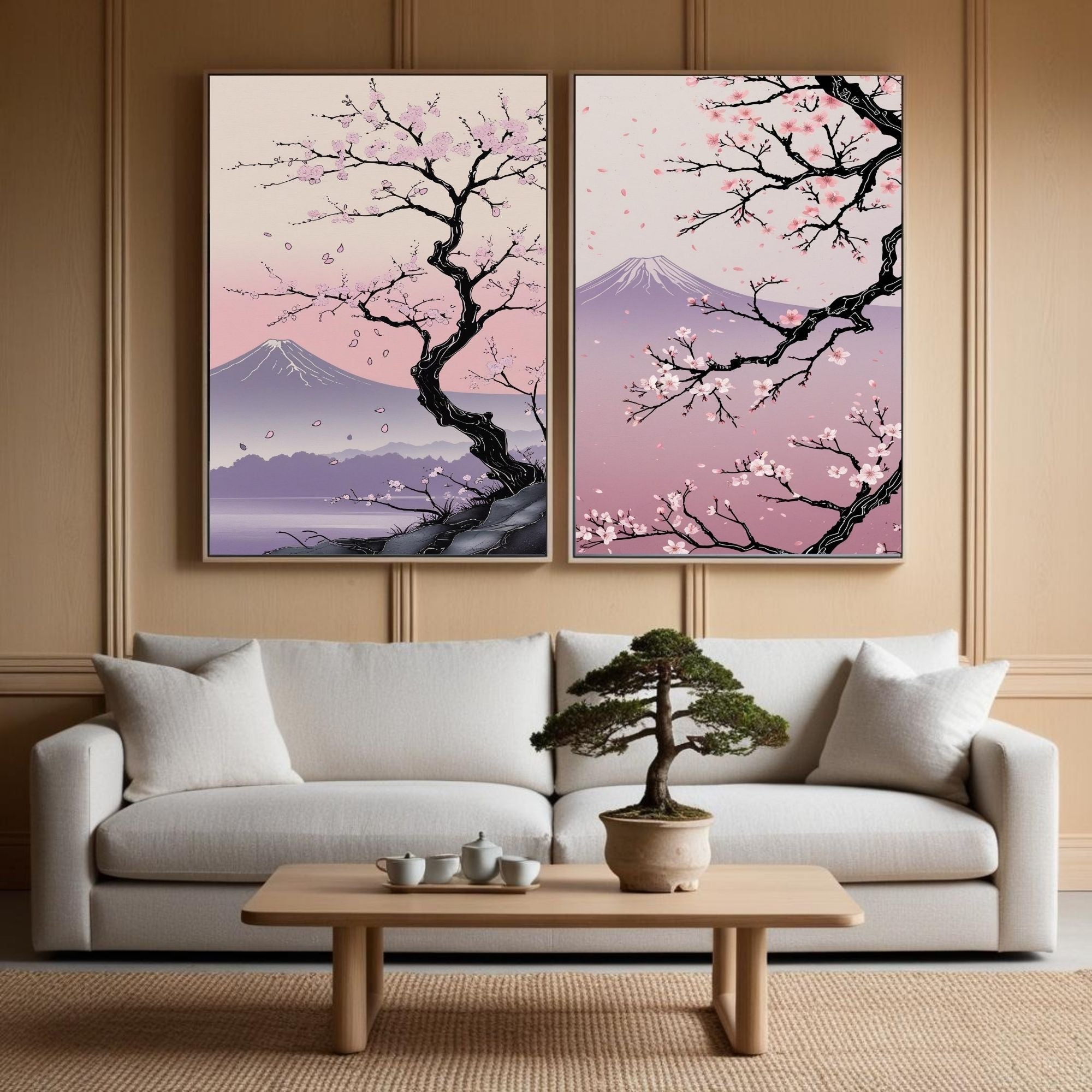 Japanese Cherry Blossom Wall Art Set of 2 | Sakura Tree Prints | Mount Fuji Landscape Decor | Pink Japanese Wall Art | Zen Nature Artwork | Digital Download