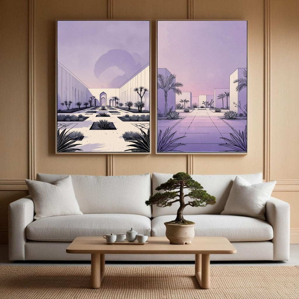 Modern Desert Courtyard Wall Art Set of 2 | Minimalist Architectural Prints | Pastel Lavender Landscape Decor | Contemporary Desert Oasis Artwork | Digital Download