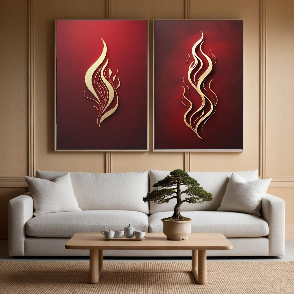 Red & Gold Abstract Flame Wall Art Set of 2 | Modern Fire Artwork | Luxury Red Minimalist Prints | Contemporary Abstract Decor | Burgundy Gold Wall Art | Digital Download