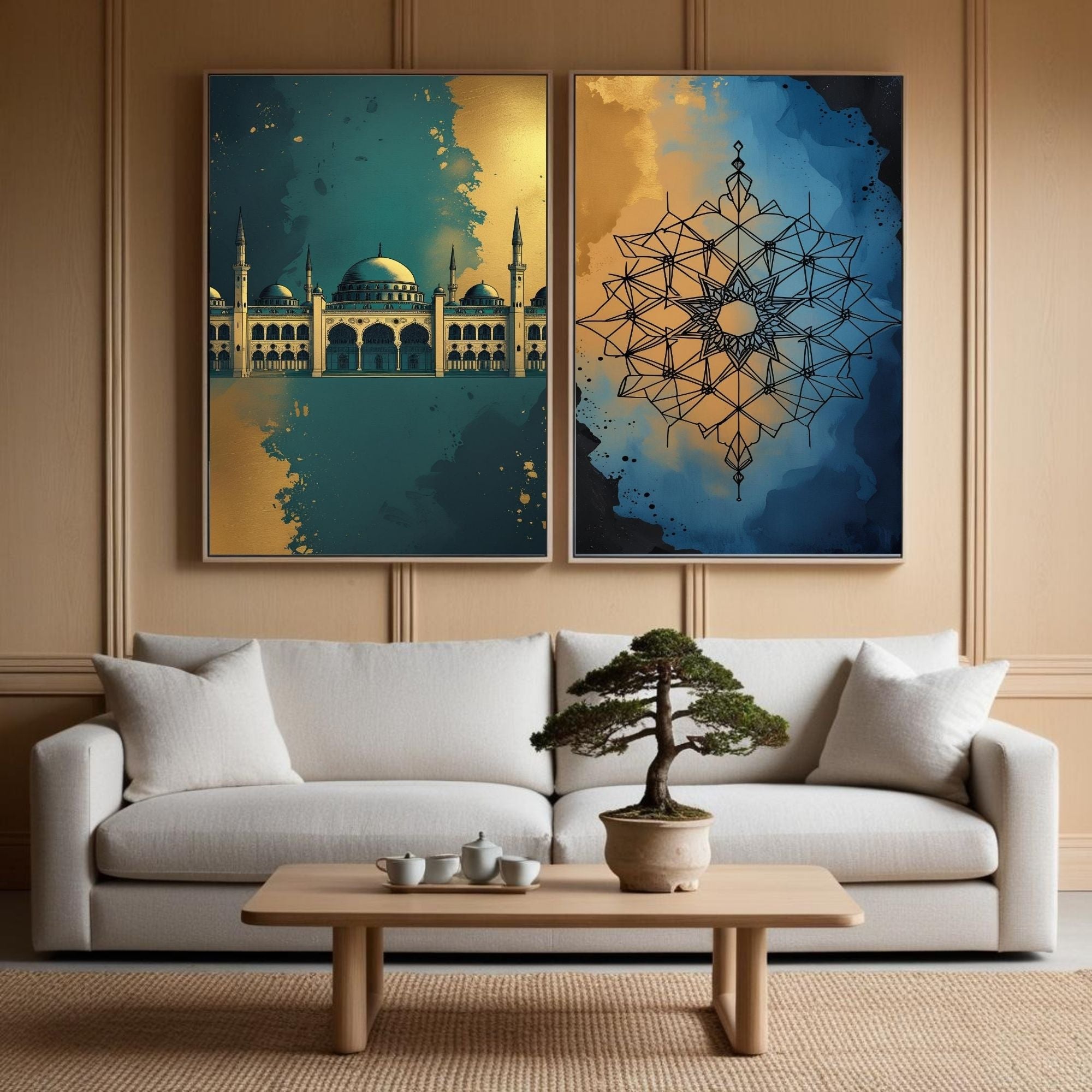Islamic Wall Art Set of 2 | Mosque & Geometric Mandala Prints | Modern Muslim Home Decor | Blue Gold Islamic Artwork | Ramadan Eid Wall Art Printable