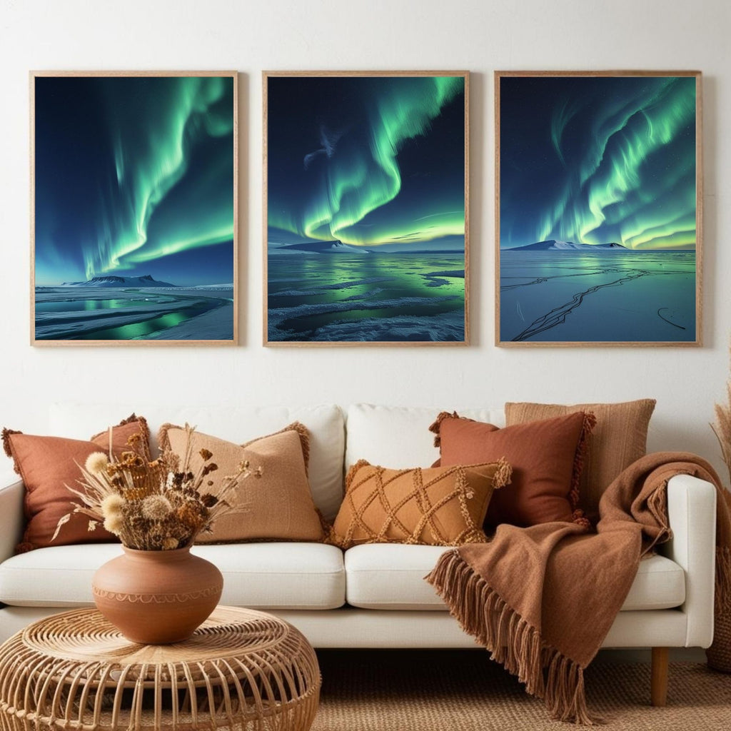 Northern Lights Wall Art Set of 3 | Aurora Borealis Landscape Prints | Arctic Night Sky Decor | Digital Download