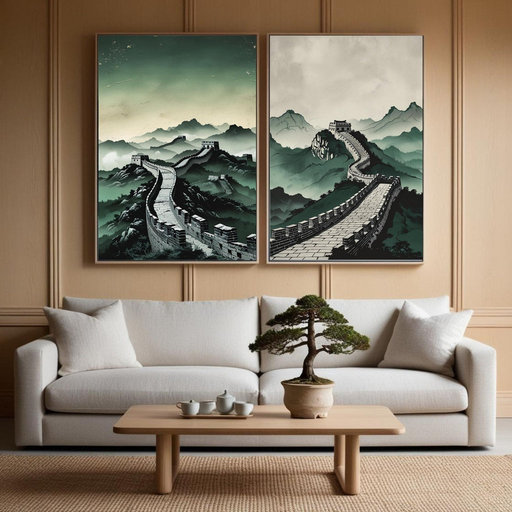 Great Wall of China Wall Art Set of 2 | Asian Landscape Prints | Chinese Architecture Decor | Oriental Mountain Artwork | Minimalist Travel Wall Art | Printable Decor