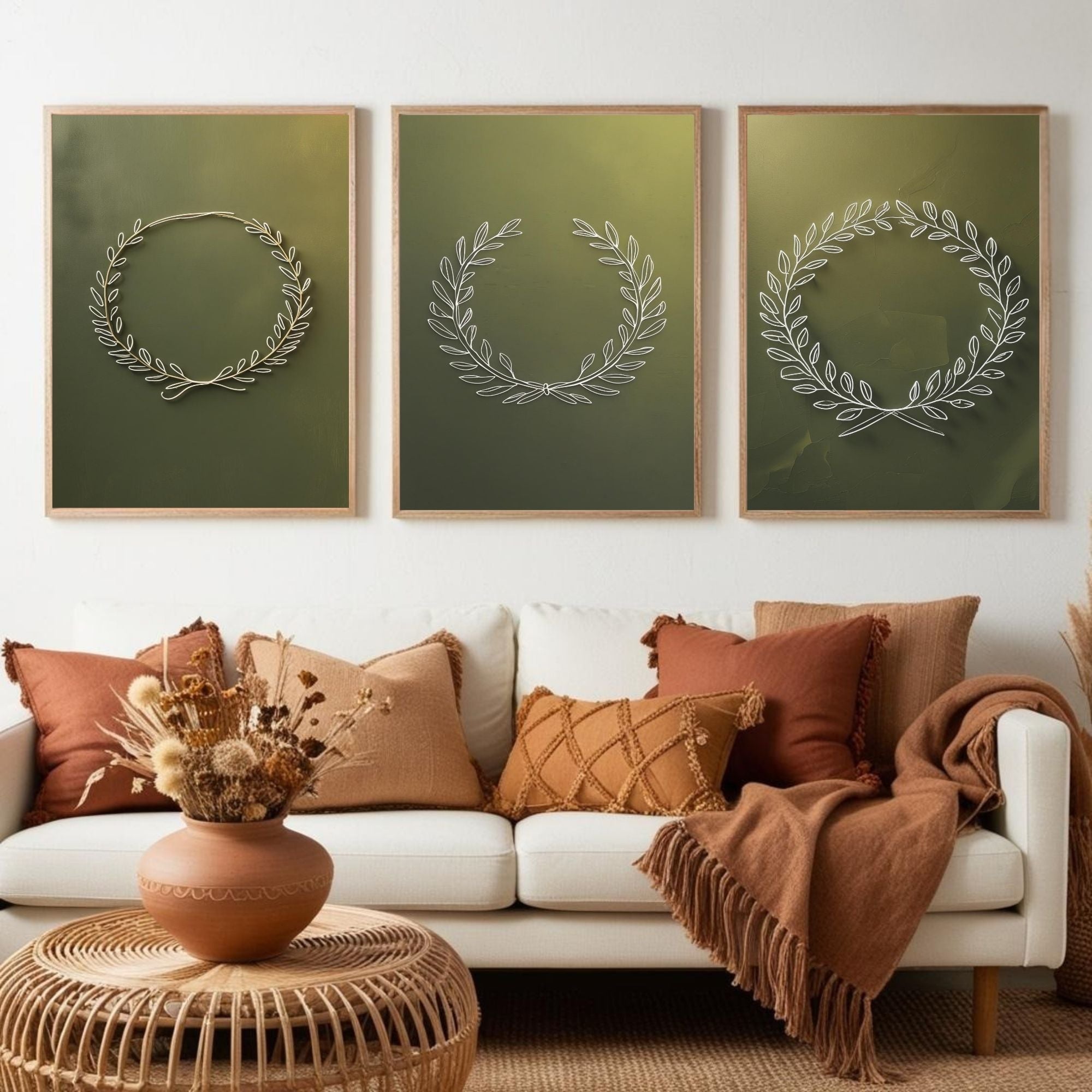 Botanical Laurel Wreath Wall Art Set of 3 | Minimalist Nature Printable Art | Olive Branch Line Drawing Decor | Sage Green Wall Art | Modern Botanical Poster Set | Digital Download