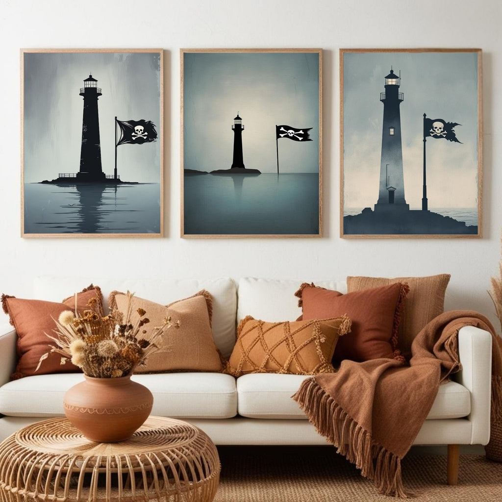 Pirate Lighthouse Wall Art Set of 3 | Nautical Coastal Prints | Maritime Adventure Decor | Digital Download