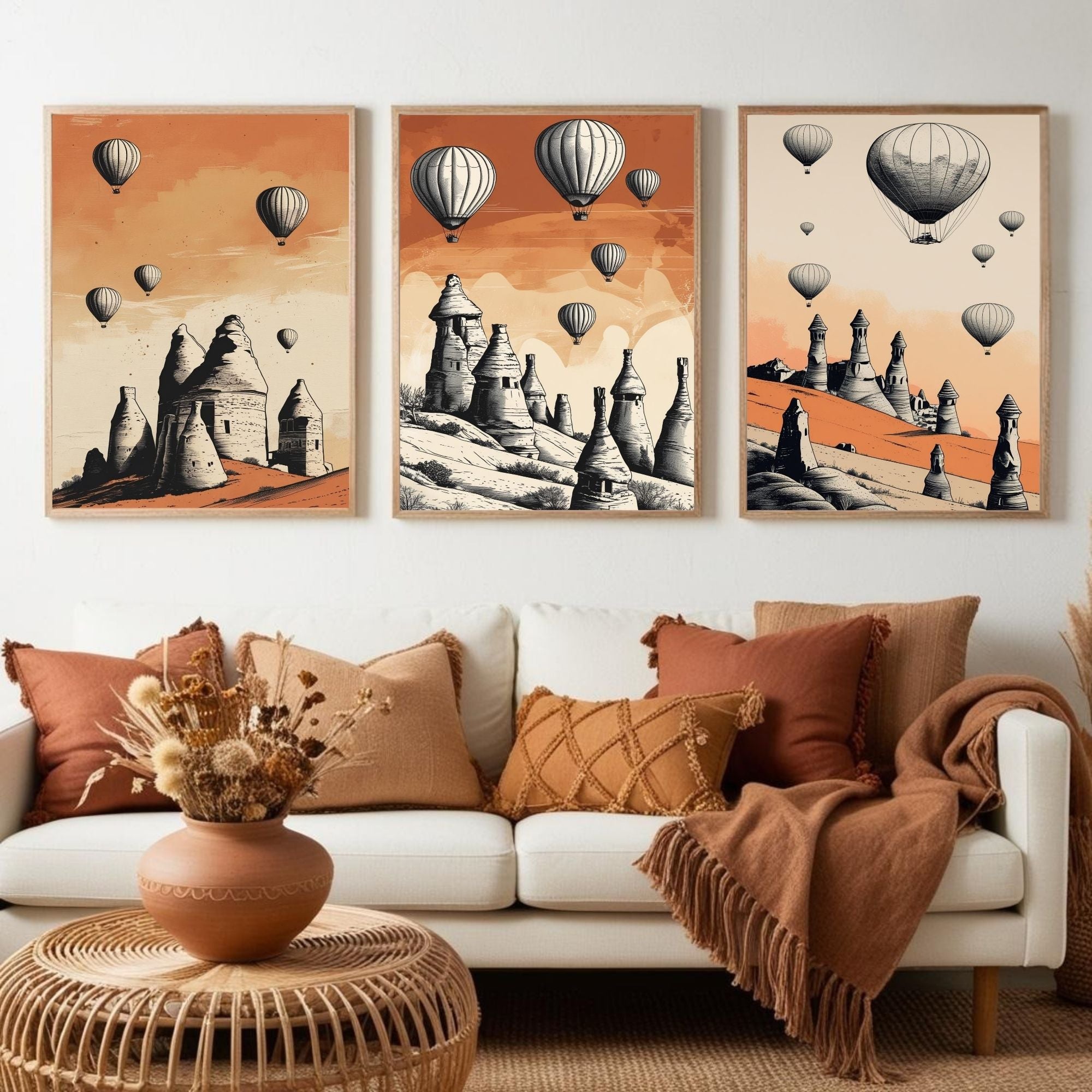 Cappadocia Hot Air Balloon Wall Art Set of 3 | Turkish Landscape Prints | Cappadocia Travel Decor | Boho Desert Wall Art | Vintage Adventure Artwork | Digital Download