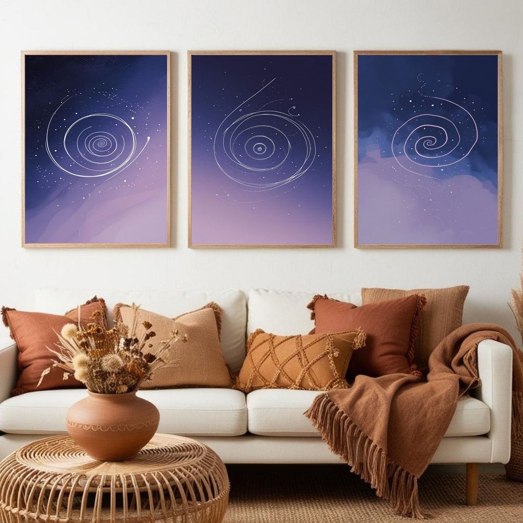 Celestial Spiral Wall Art Set of 3 | Purple Galaxy Printable Art | Cosmic Minimalist Decor | Abstract Space Wall Art | Modern Bedroom Poster Set | Digital Download