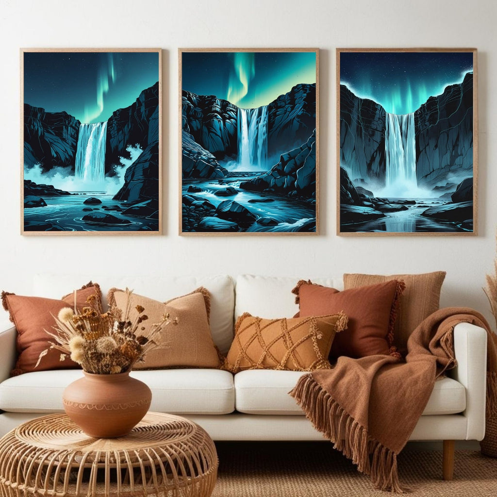 Aurora Waterfall Wall Art Set of 3 | Northern Lights Waterfall Prints | Nordic Nature Landscape Decor | Digital Download