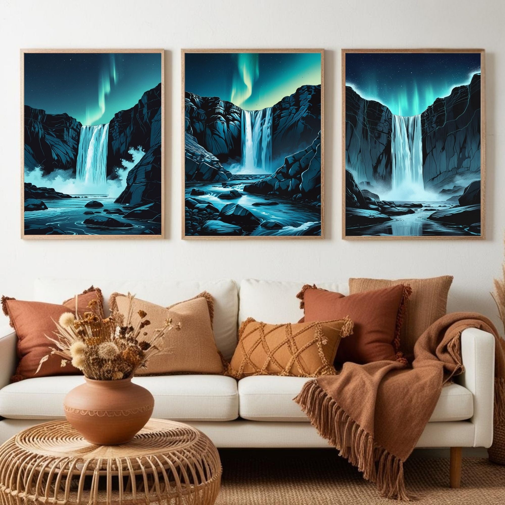 Aurora Waterfall Wall Art Set of 3 | Northern Lights Waterfall Prints | Nordic Nature Landscape Decor | Digital Download