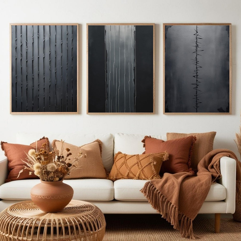Black Minimalist Wall Art Set of 3 | Modern Abstract Line Prints | Contemporary Monochrome Decor | Digital Download