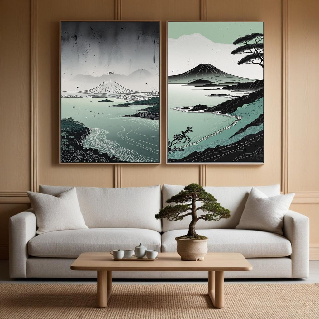 Japanese Landscape Wall Art Set of 2 Mount Fuji Printable Prints