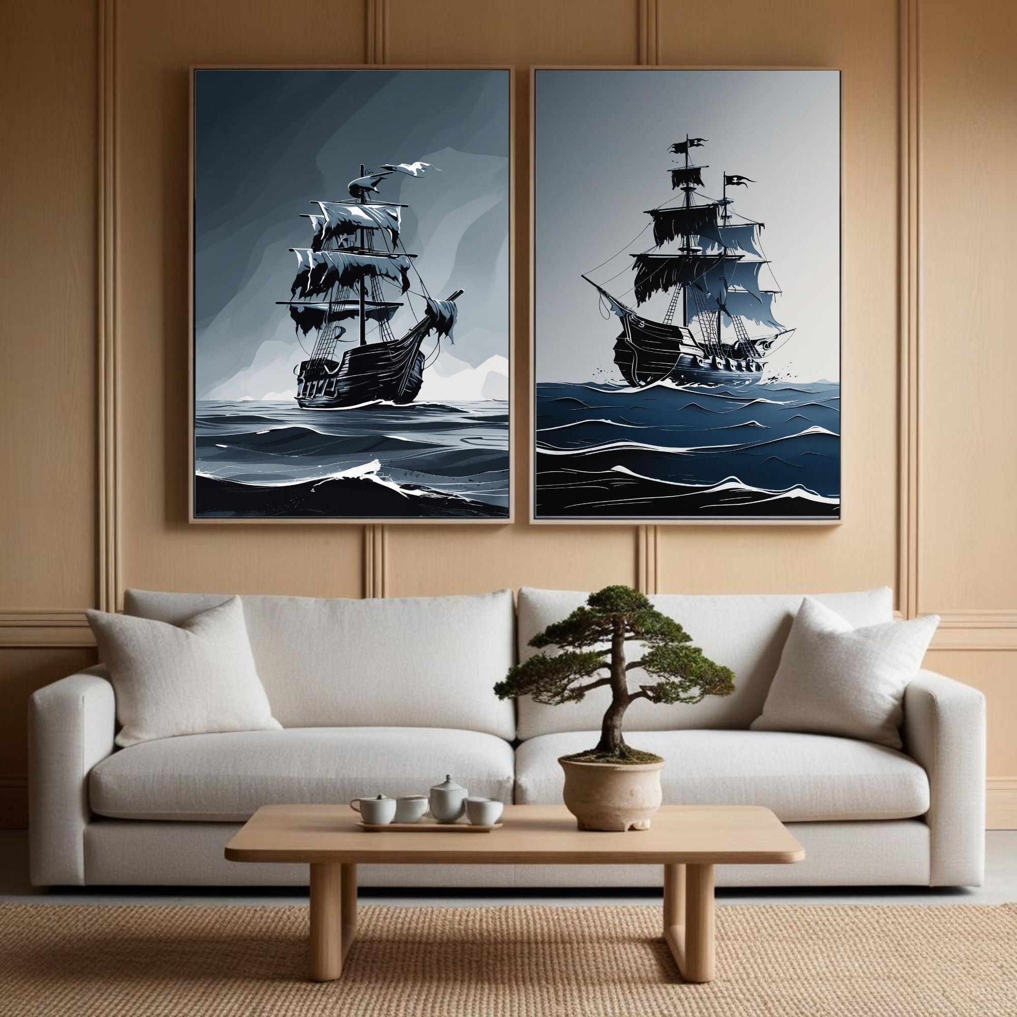 Pirate Ship Wall Art Set of 2 Vintage Nautical Prints
