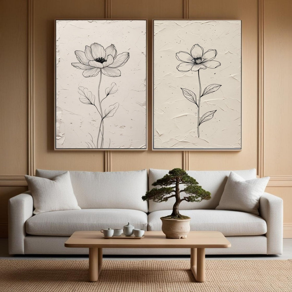 Minimalist Botanical Flower Wall Art Set of 2 | Black and White Floral Line Drawing Prints | Neutral Modern Flower Decor | Scandinavian Botanical Artwork | Printable Wall Art