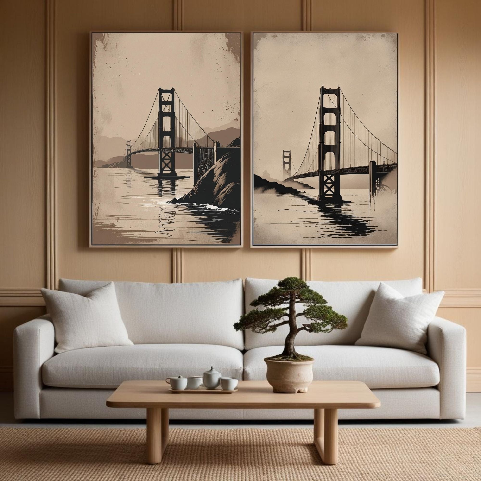Golden Gate Bridge Wall Art Set of 2 | San Francisco Landmark Prints | Vintage Travel Poster Decor | Minimalist Coastal Landscape Art | Neutral Beige Wall Decor | Digital Download