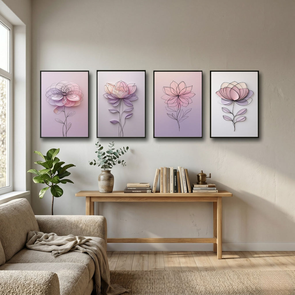 Pastel Floral Wall Art Set of 4 | Minimalist Flower Prints | Elegant Botanical Decor | Digital Download