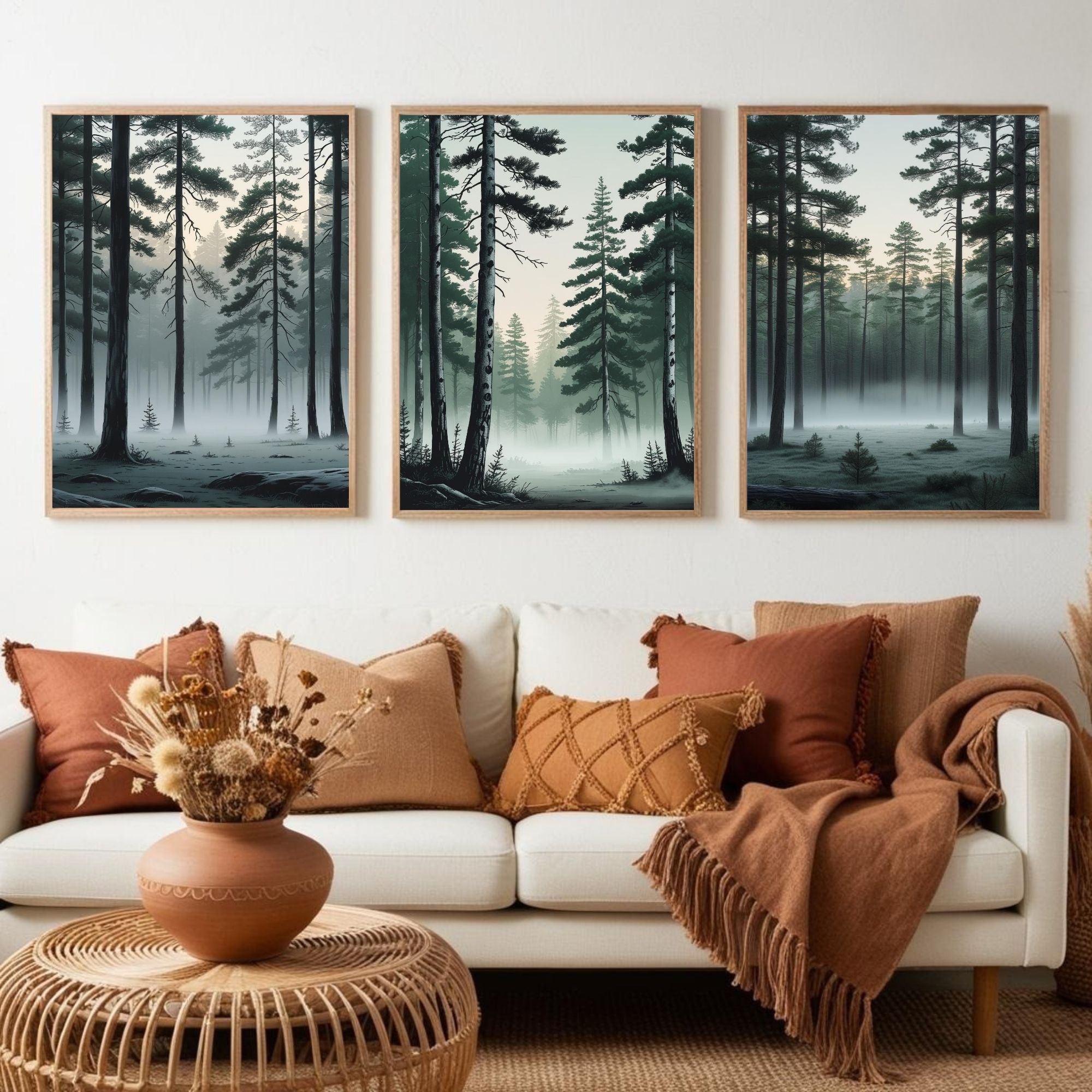 Misty Pine Forest Wall Art Set of 3 | Foggy Woodland Prints | Scandinavian Nature Decor | Evergreen Forest Artwork | Digital Download