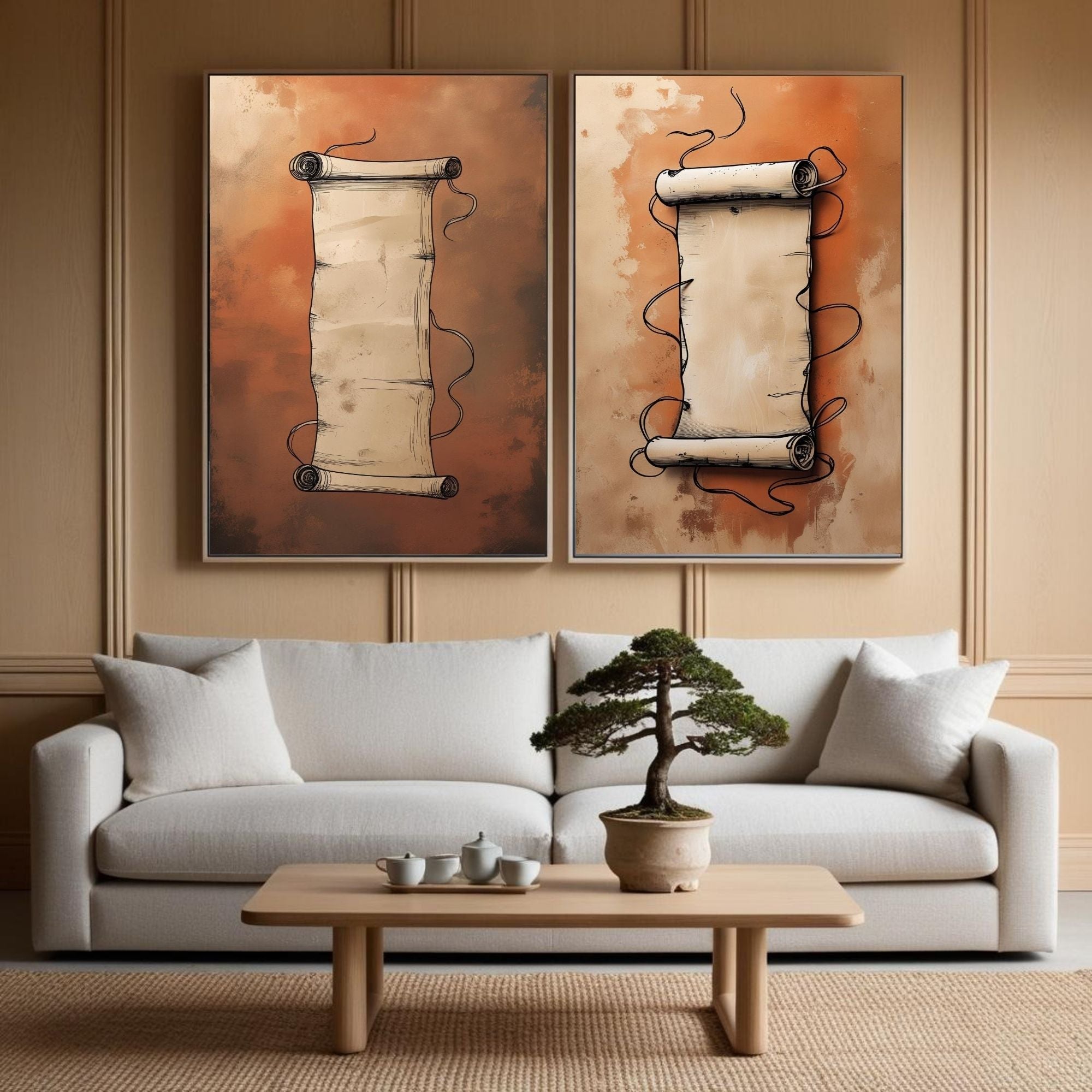 Vintage Scroll Wall Art Set of 2 | Printable Boho Wall Decor | Neutral Beige Art Prints