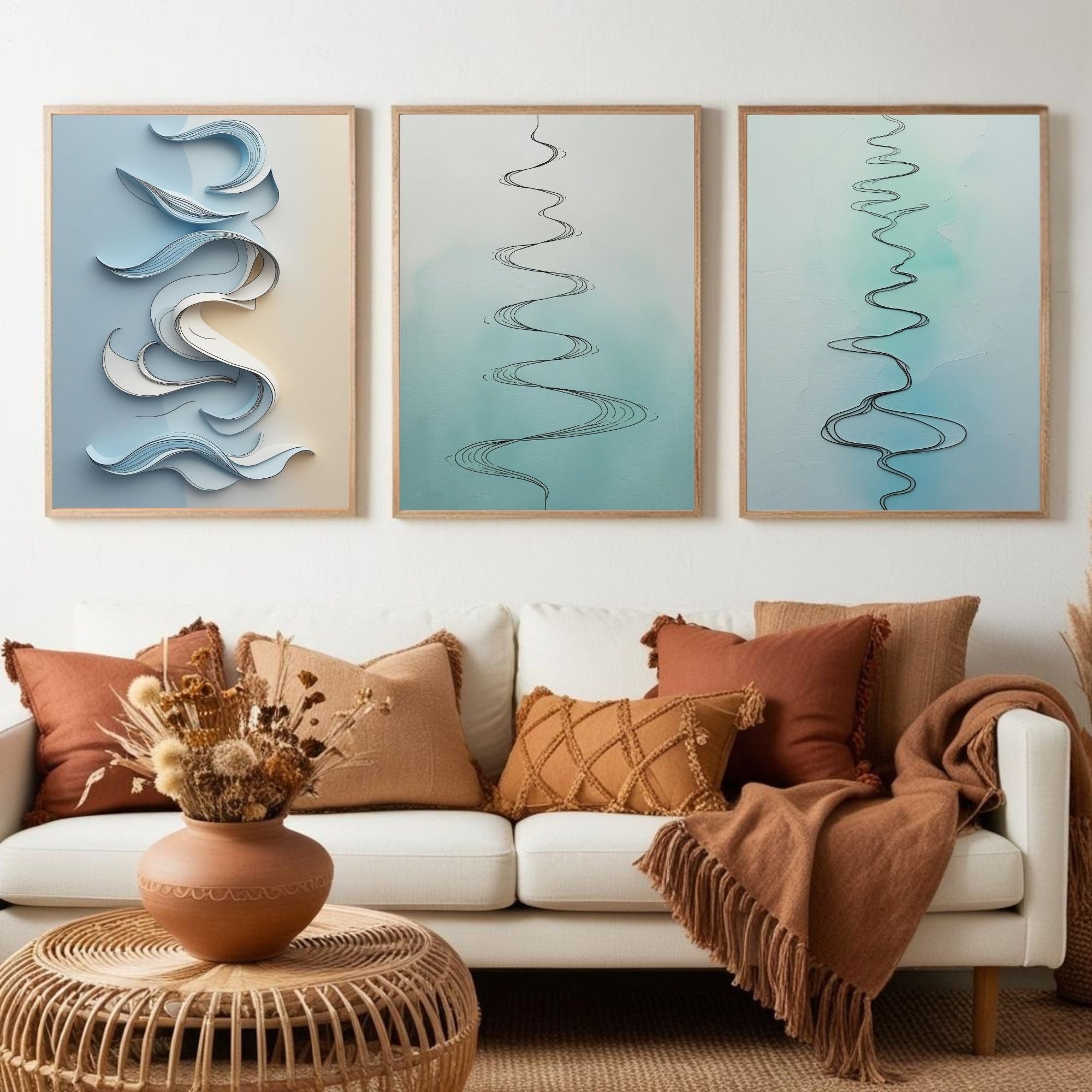 Minimalist Abstract Line Wall Art Set of 3 | Modern Flowing Curves Prints | Scandinavian Contemporary Decor | Digital Download