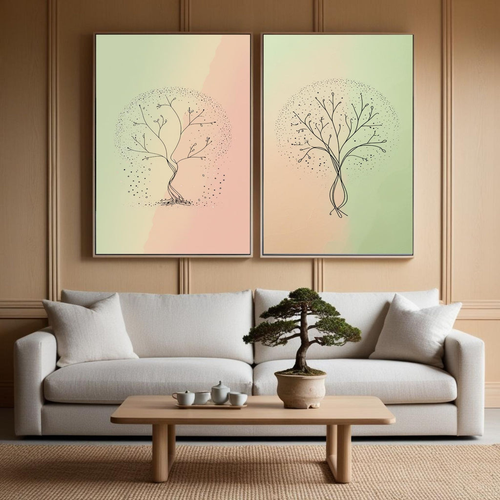 Minimalist Tree Wall Art Set of 2 | Abstract Botanical Tree Prints | Pastel Green & Blush Pink Decor | Scandinavian Nature Art | Modern Organic Wall Decor | Digital Download