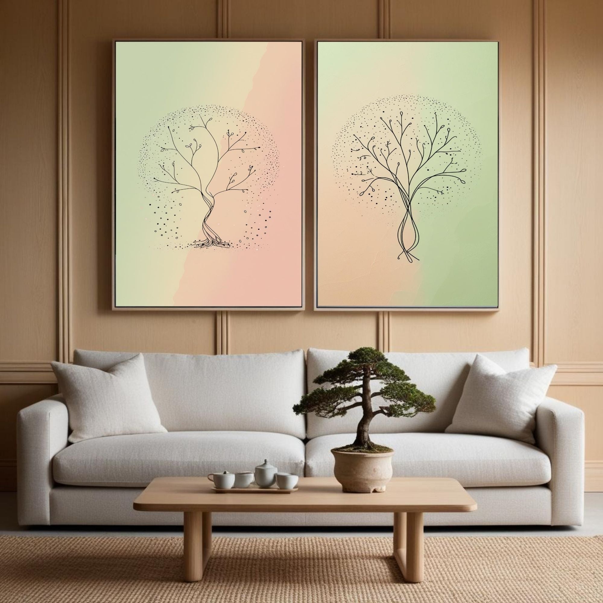 Minimalist Tree Wall Art Set of 2 | Abstract Botanical Tree Prints | Pastel Green & Blush Pink Decor | Scandinavian Nature Art | Modern Organic Wall Decor | Digital Download