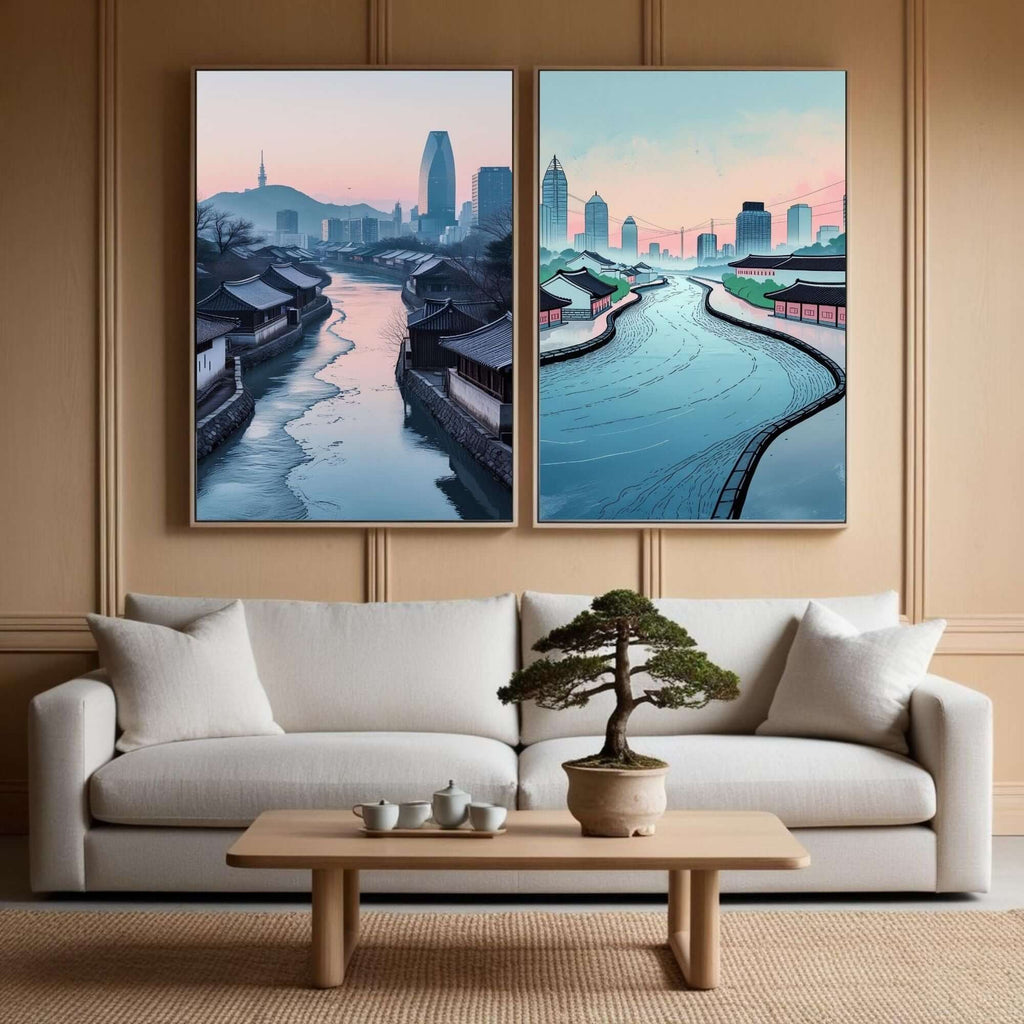 Korean Cityscape Wall Art Set of 2 | Traditional Village & Modern Skyline Prints | Asian Architecture Decor | Seoul Inspired Artwork | Printable Wall Decor