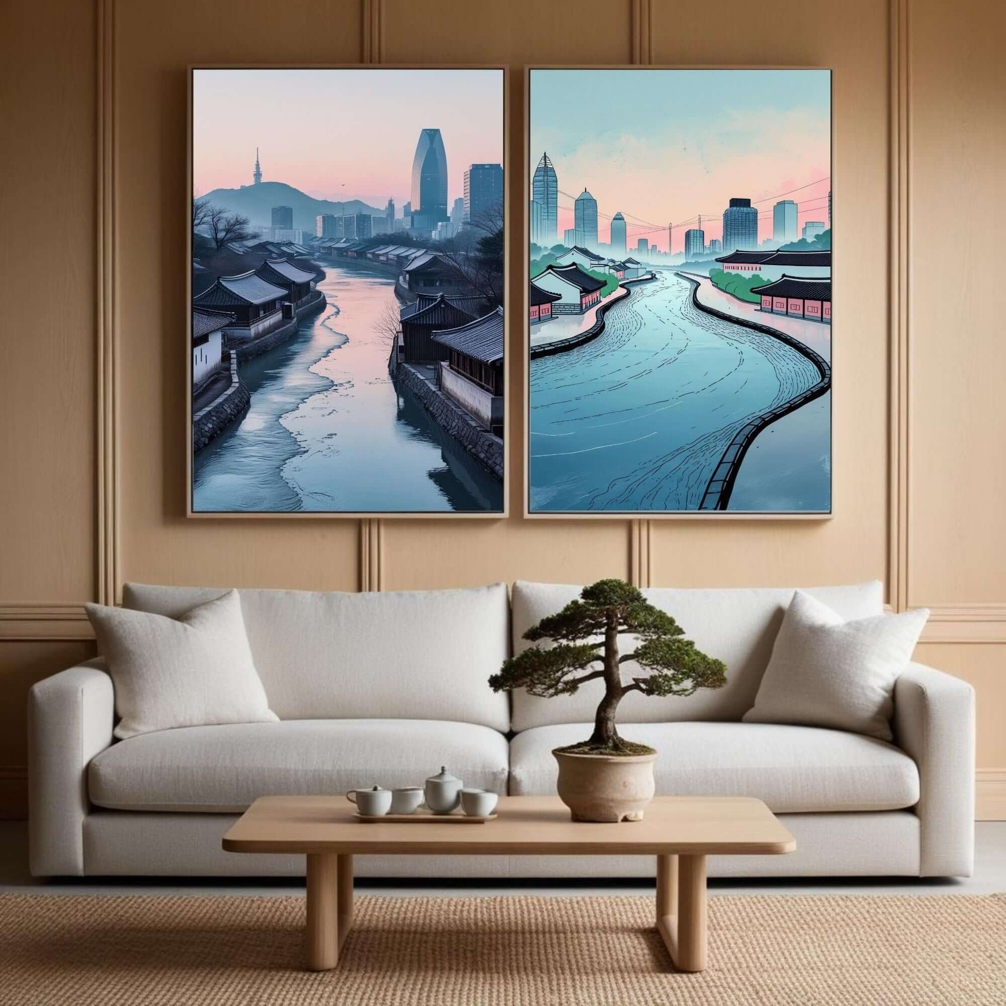 Korean Cityscape Wall Art Set of 2 | Traditional Village & Modern Skyline Prints | Asian Architecture Decor | Seoul Inspired Artwork | Printable Wall Decor