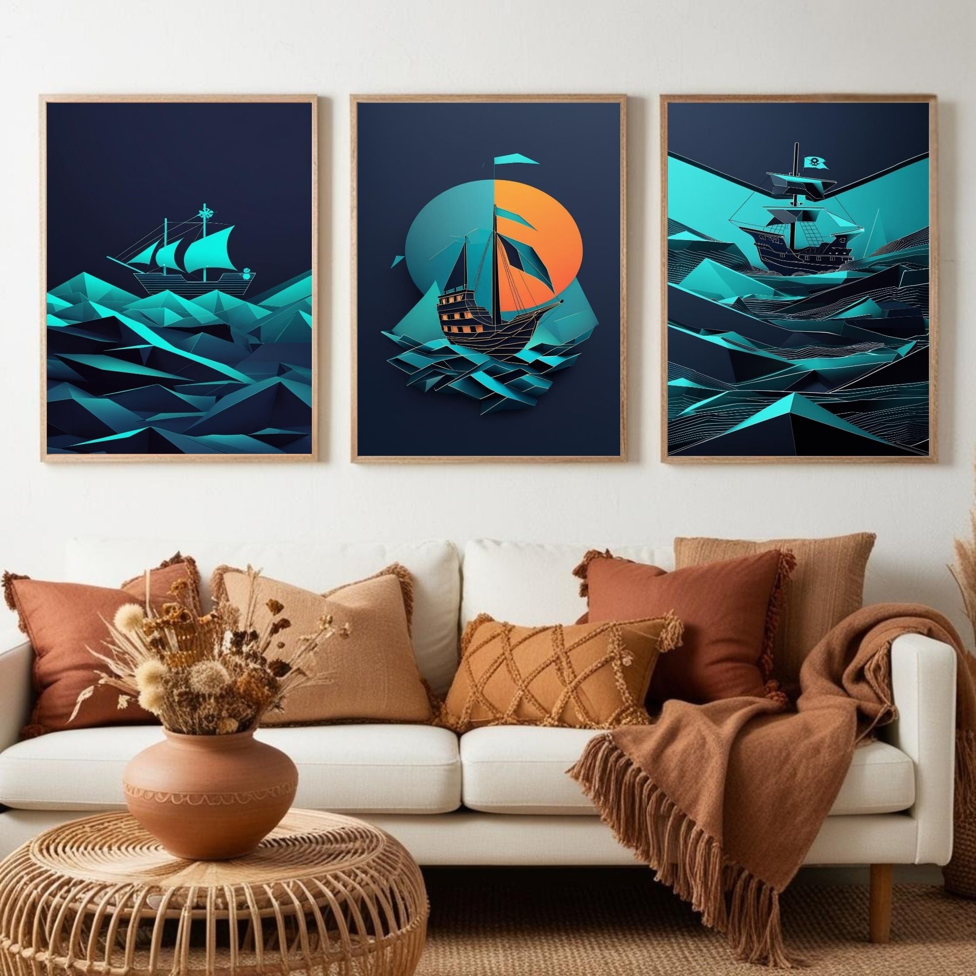 Geometric Pirate Ship Wall Art Set of 3 | Modern Nautical Printable Art | Abstract Sailing Ship Decor | Ocean Adventure Wall Art | Coastal Home Decor | Digital Download
