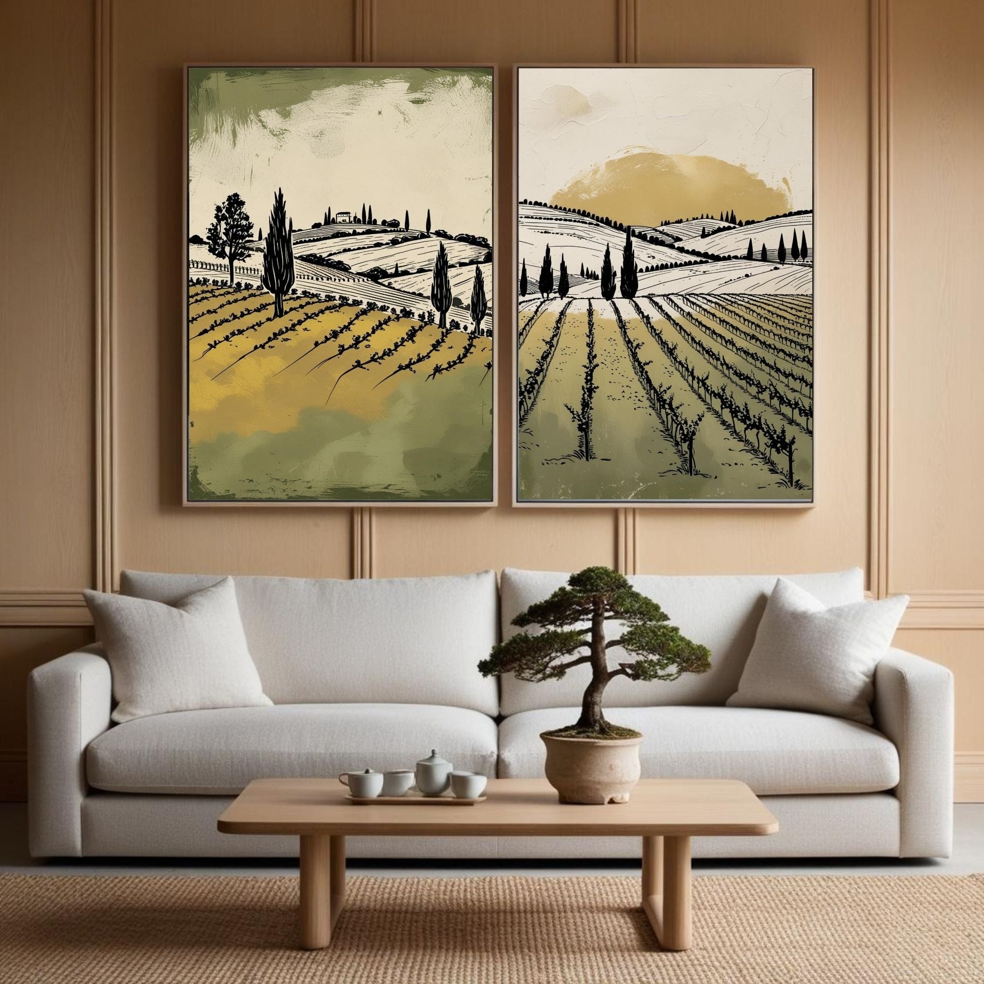 Tuscan Vineyard Wall Art Set of 2 | Italian Countryside Prints | Rustic Farm Landscape Decor | Vintage Vineyard Artwork | Neutral Green Beige Wall Art | Digital Download