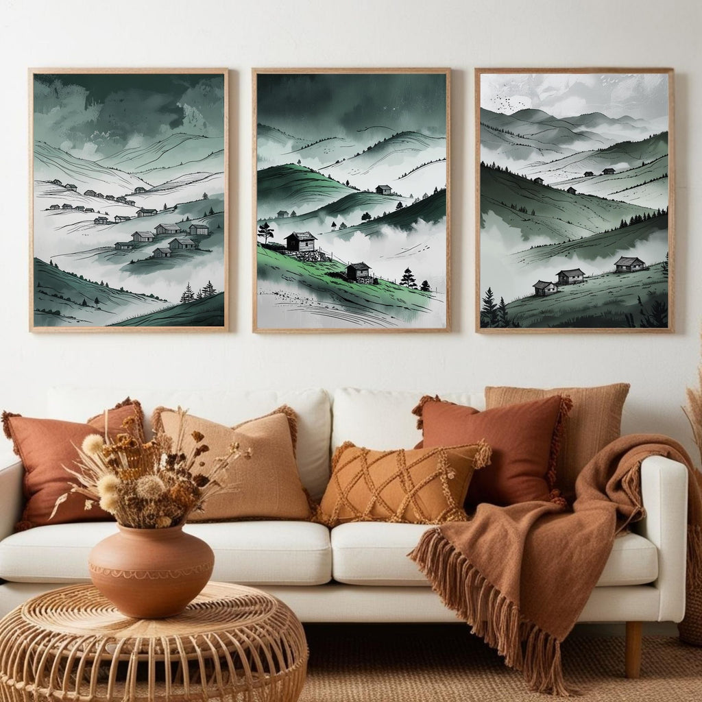 Green Mountain Valley Wall Art Set of 3 | Misty Hills Landscape Prints | Rustic Countryside Decor | Digital Download
