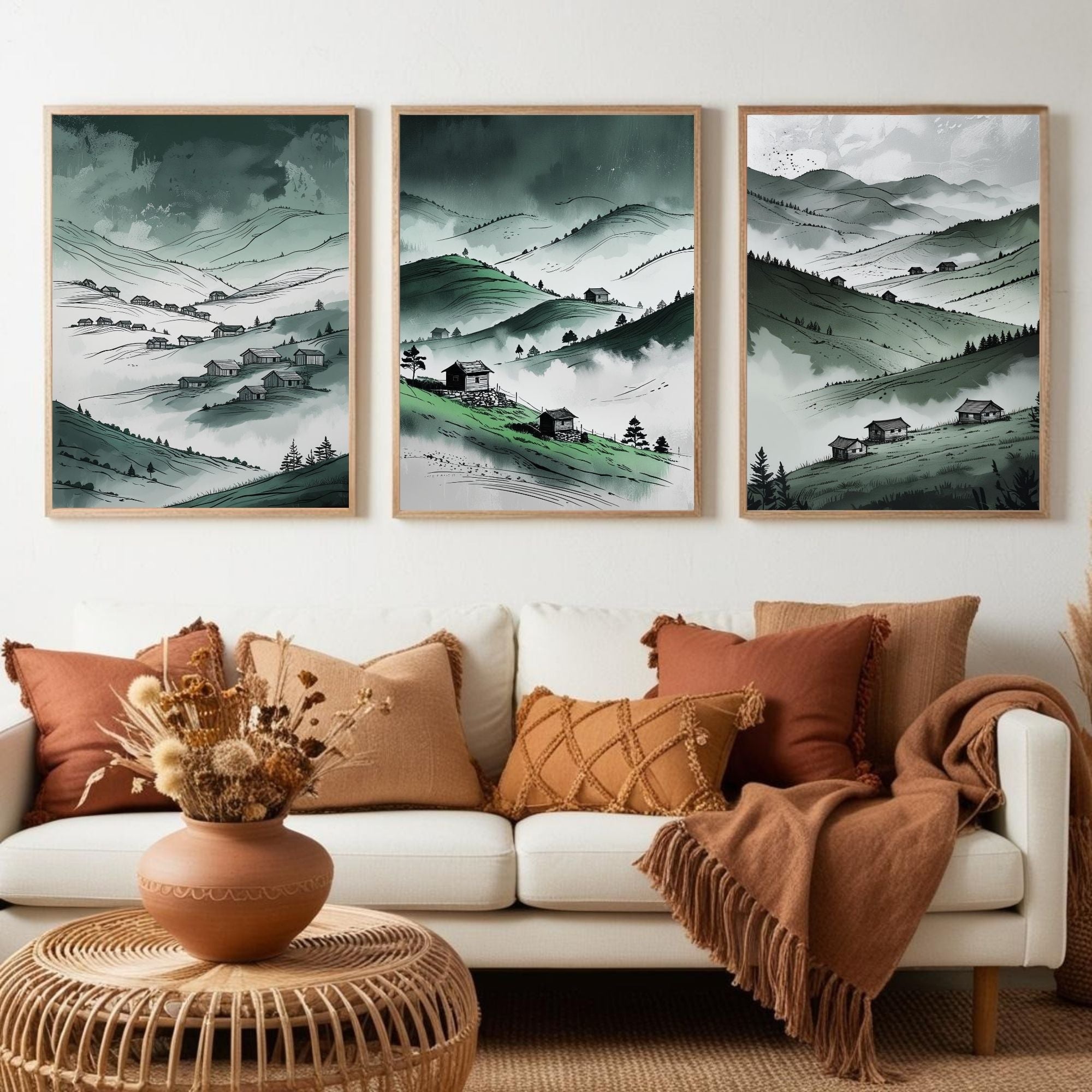 Green Mountain Valley Wall Art Set of 3 | Misty Hills Landscape Prints | Rustic Countryside Decor | Digital Download