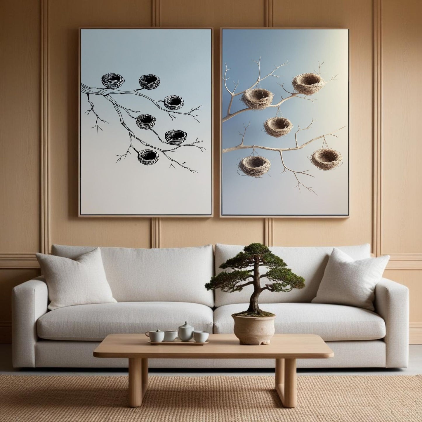 Bird Nest Wall Art Set of 2 Printable, Botanical Branch Prints, Rustic Nature Home Decor, Digital Download