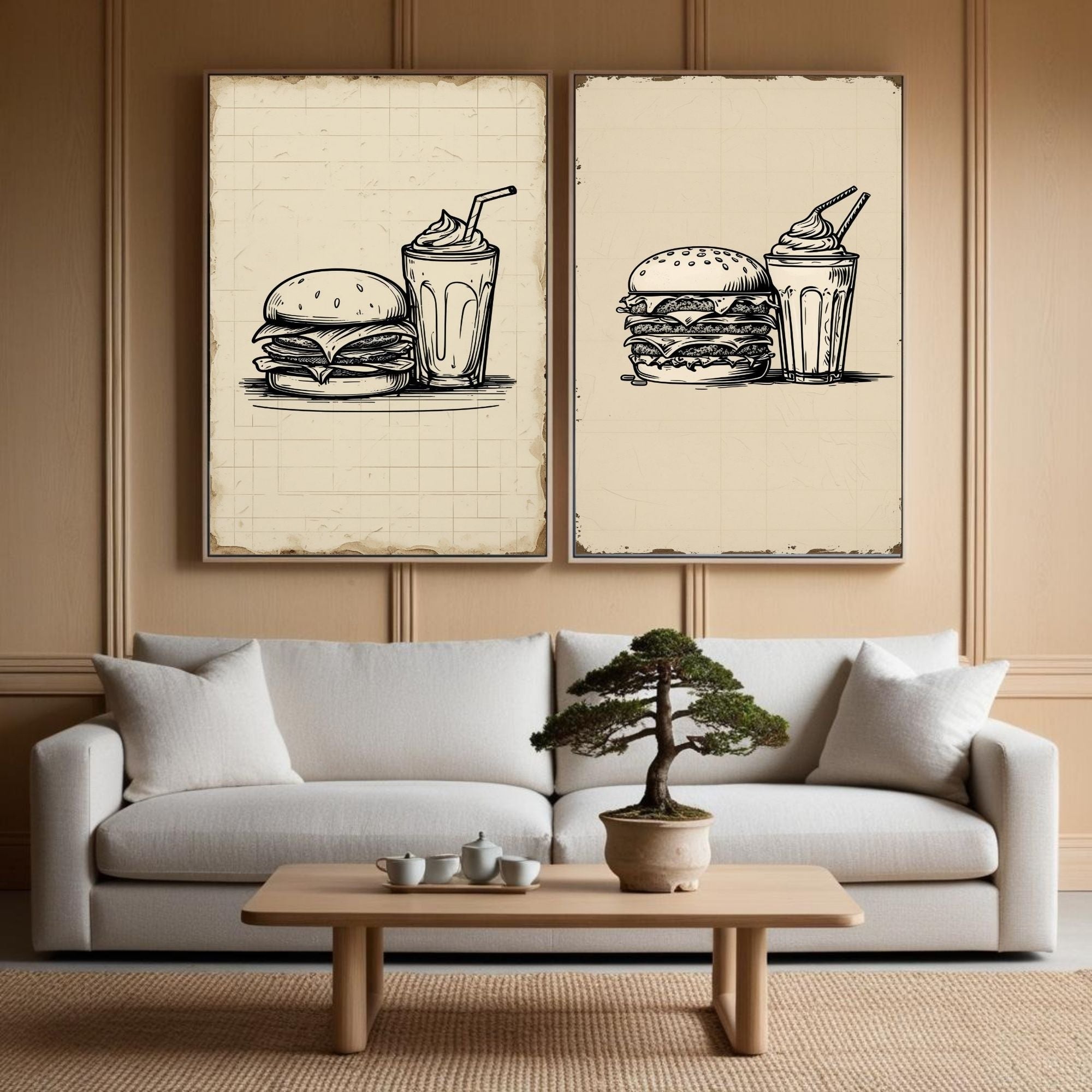 Burger & Milkshake Wall Art Set of 2 | Retro Fast Food Kitchen Prints | Vintage Restaurant Decor | Minimalist Food Poster Set | Printable Dining Room Artwork