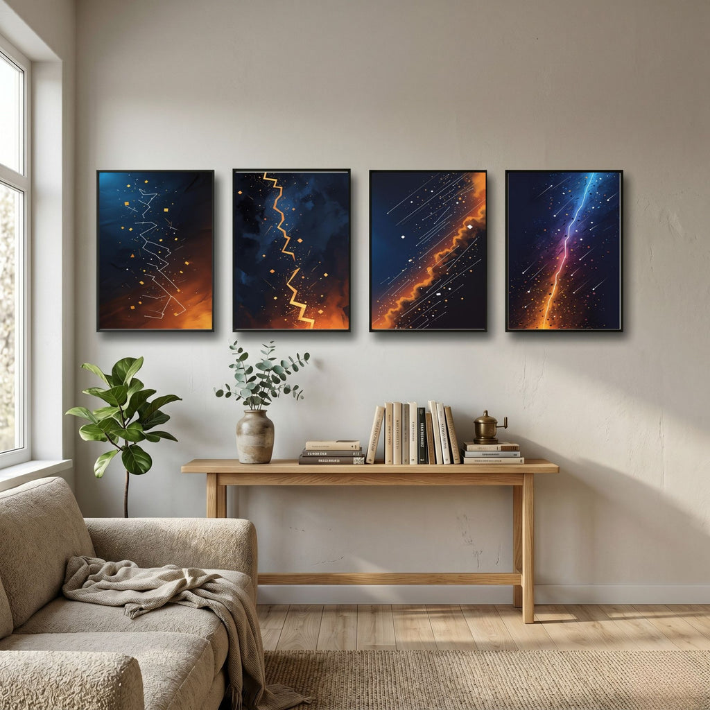 Cosmic Lightning Wall Art Set of 4 | Abstract Galaxy Prints | Celestial Space Decor | Digital Download