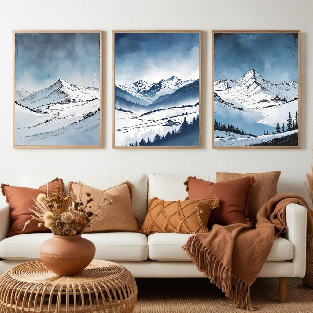 Winter Mountain Landscape Wall Art Set of 3 | Snowy Alpine Prints | Scandinavian Nature Decor | Digital Download