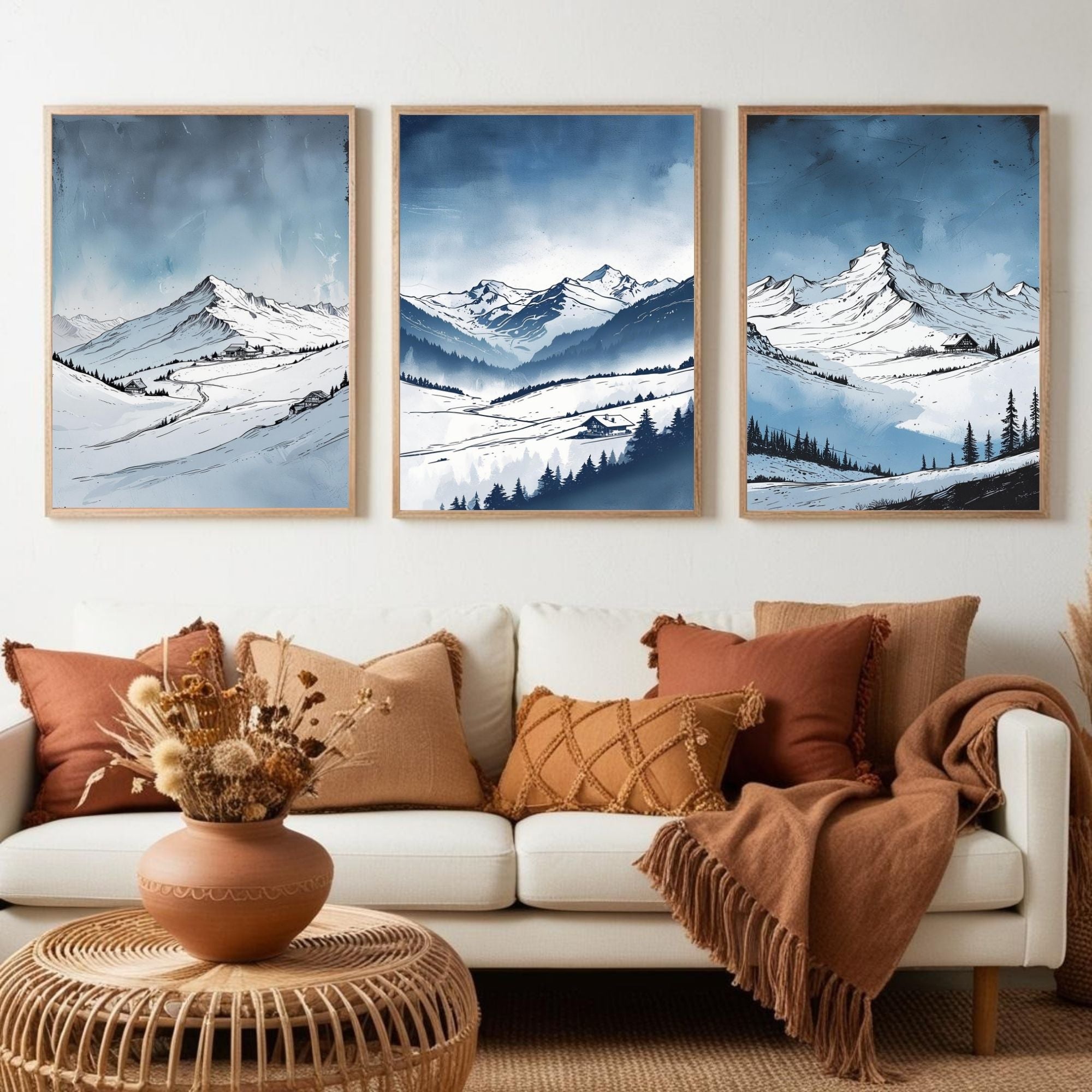 Winter Mountain Landscape Wall Art Set of 3 | Snowy Alpine Prints | Scandinavian Nature Decor | Digital Download