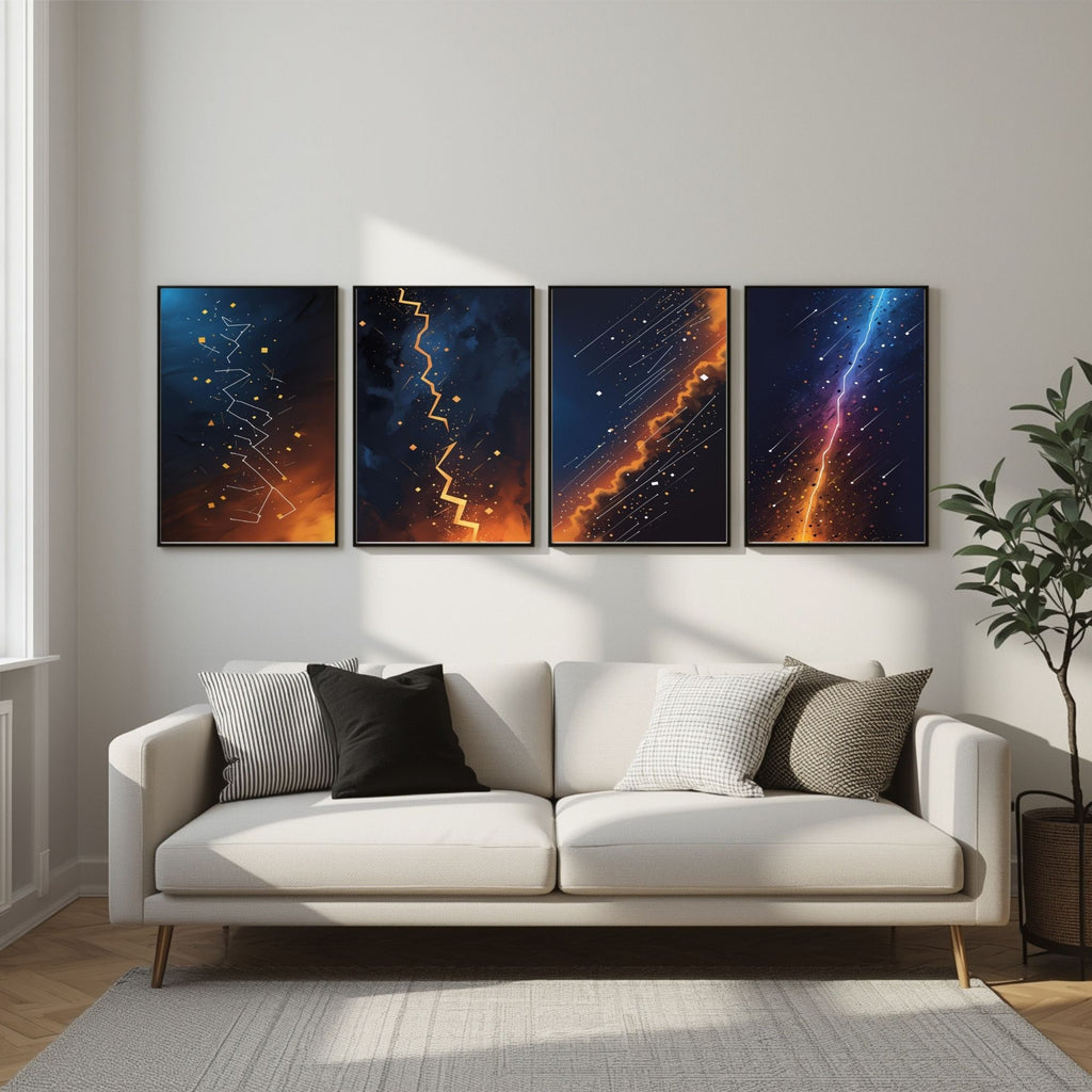 Cosmic Lightning Wall Art Set of 4 | Abstract Galaxy Prints | Celestial Space Decor | Digital Download