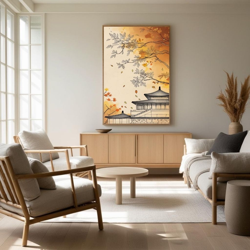 Japanese Temple Wall Art Printable, Autumn Pagoda Poster, Asian Landscape Decor, Zen Architecture Print, Digital Download Print