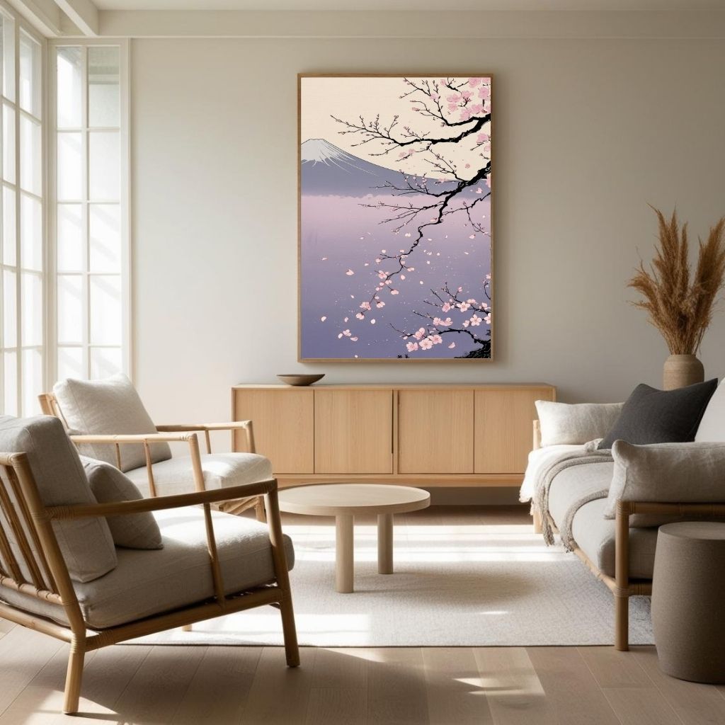 Cherry Blossom Wall Art Printable, Japanese Landscape Decor, Sakura Mountain Poster, Digital Download Print