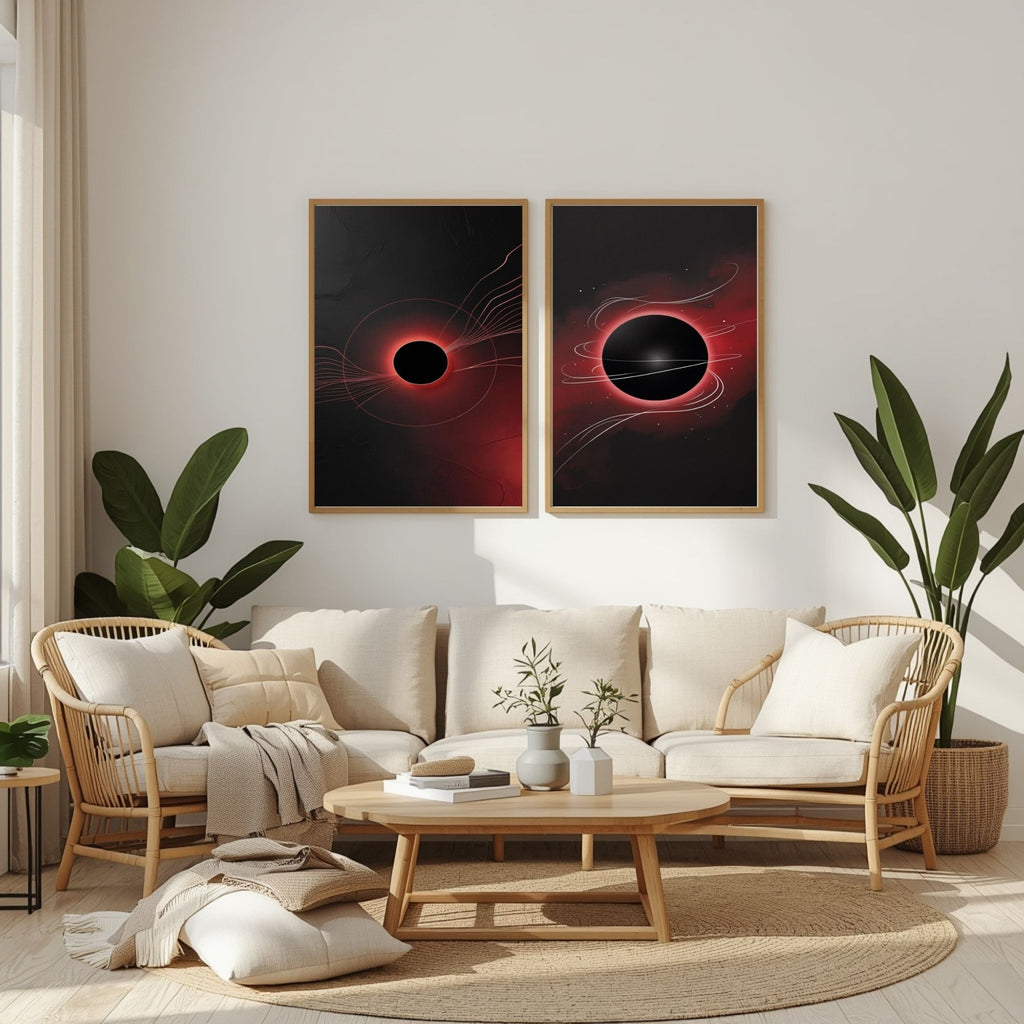 Black Hole Wall Art Set of 2 | Cosmic Eclipse Prints | Abstract Space Artwork | Red and Black Celestial Decor | Modern Astronomy Wall Art | Digital Download