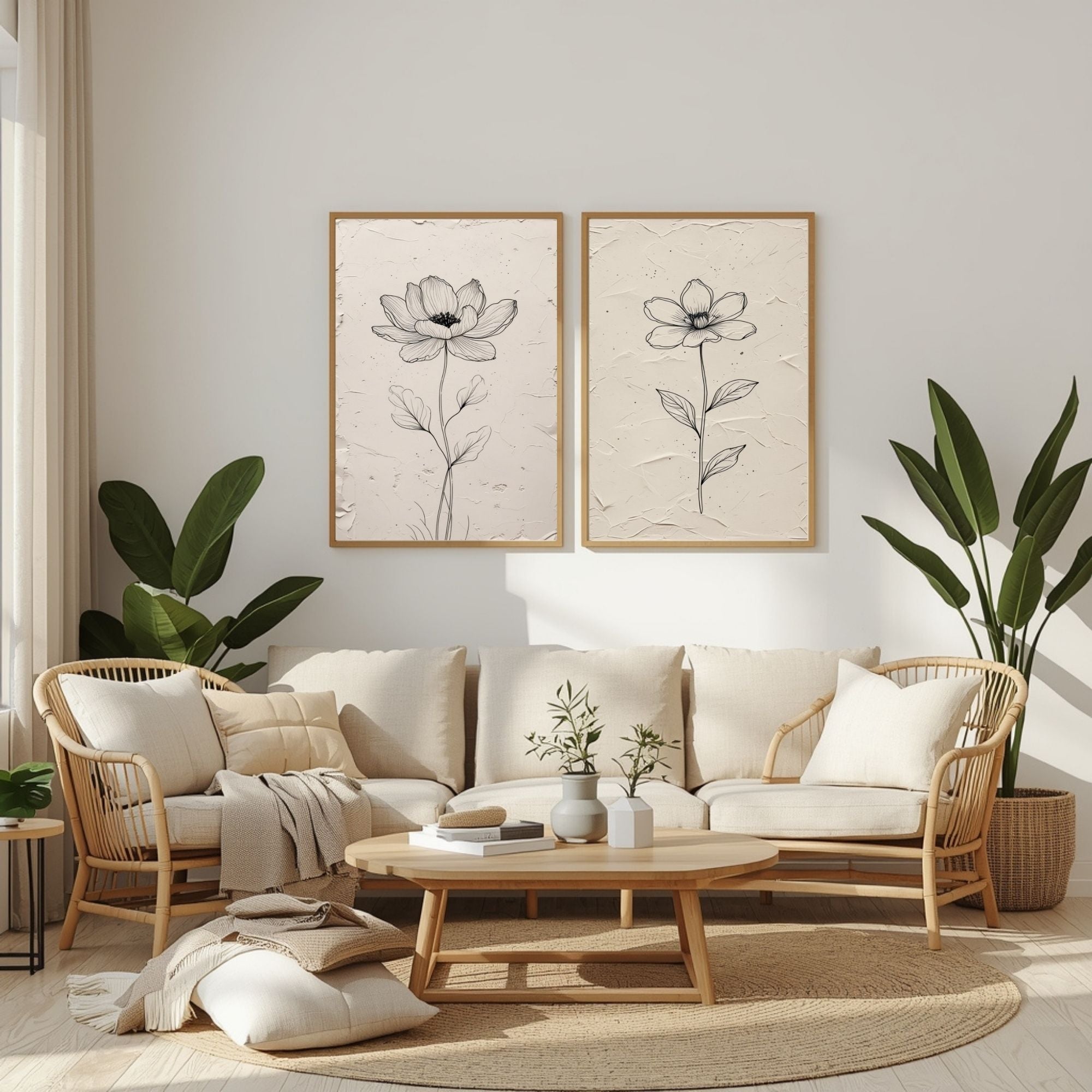 Minimalist Botanical Flower Wall Art Set of 2 | Black and White Floral Line Drawing Prints | Neutral Modern Flower Decor | Scandinavian Botanical Artwork | Printable Wall Art