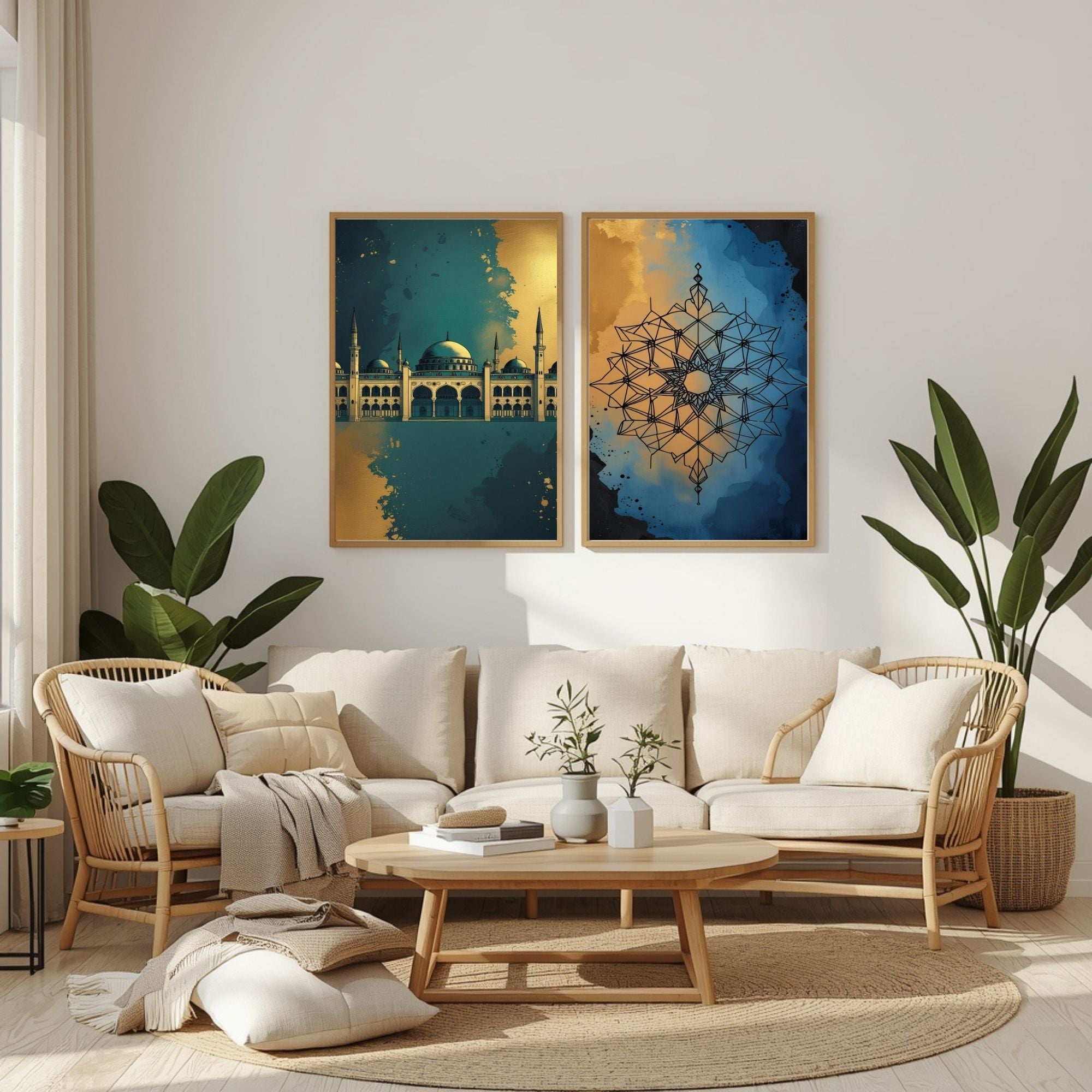 Islamic Wall Art Set of 2 | Mosque & Geometric Mandala Prints | Modern Muslim Home Decor | Blue Gold Islamic Artwork | Ramadan Eid Wall Art Printable