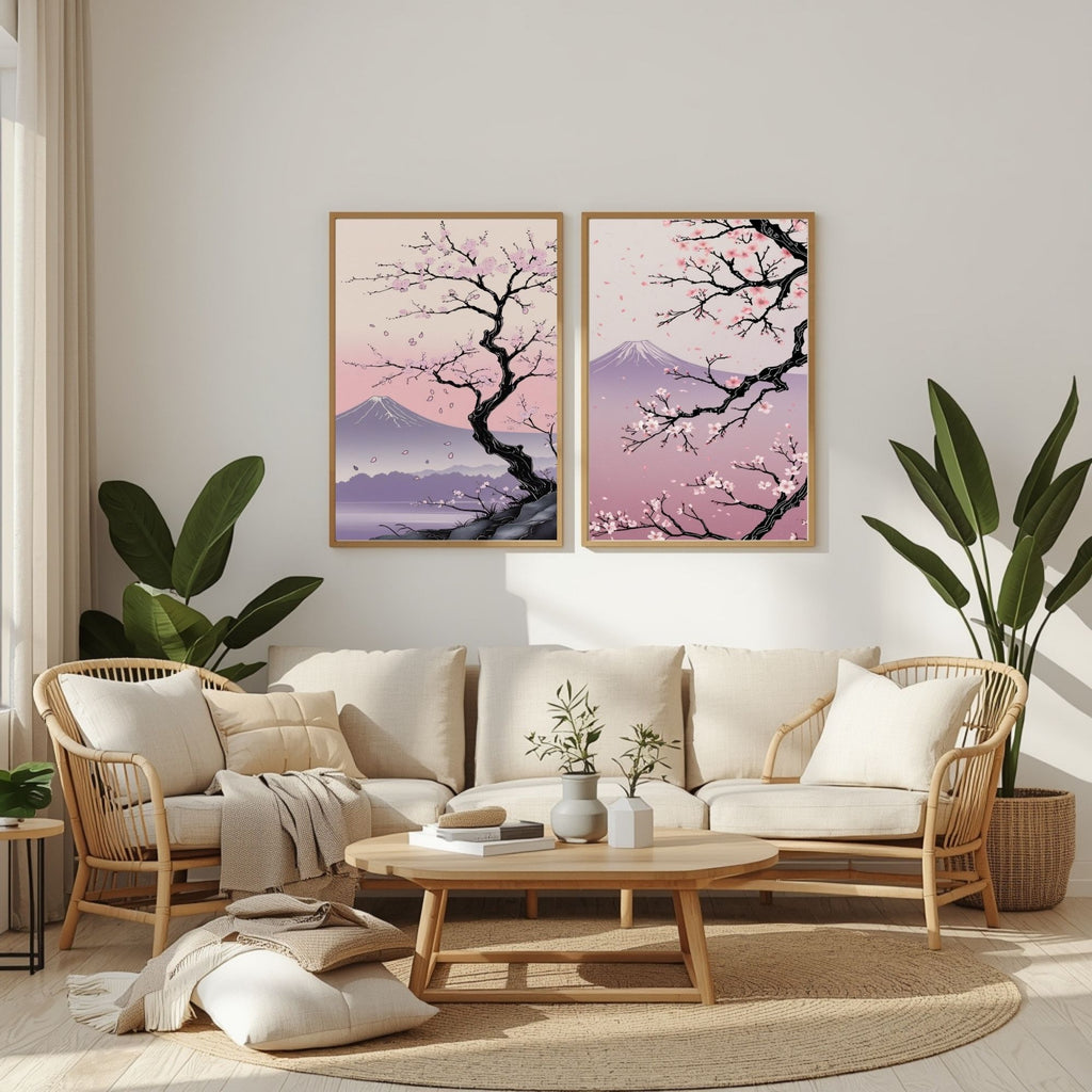 Japanese Cherry Blossom Wall Art Set of 2 | Sakura Tree Prints | Mount Fuji Landscape Decor | Pink Japanese Wall Art | Zen Nature Artwork | Digital Download