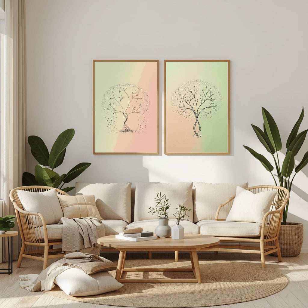 Minimalist Tree Wall Art Set of 2 | Abstract Botanical Tree Prints | Pastel Green & Blush Pink Decor | Scandinavian Nature Art | Modern Organic Wall Decor | Digital Download