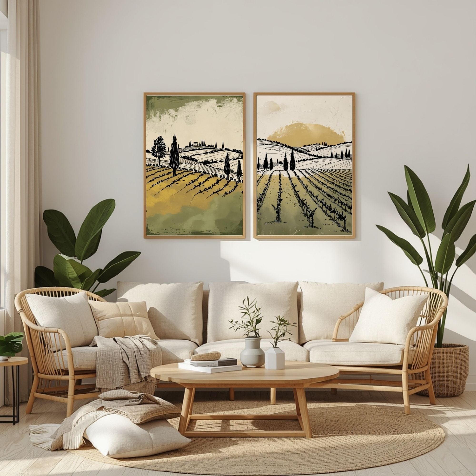 Tuscan Vineyard Wall Art Set of 2 | Italian Countryside Prints | Rustic Farm Landscape Decor | Vintage Vineyard Artwork | Neutral Green Beige Wall Art | Digital Download
