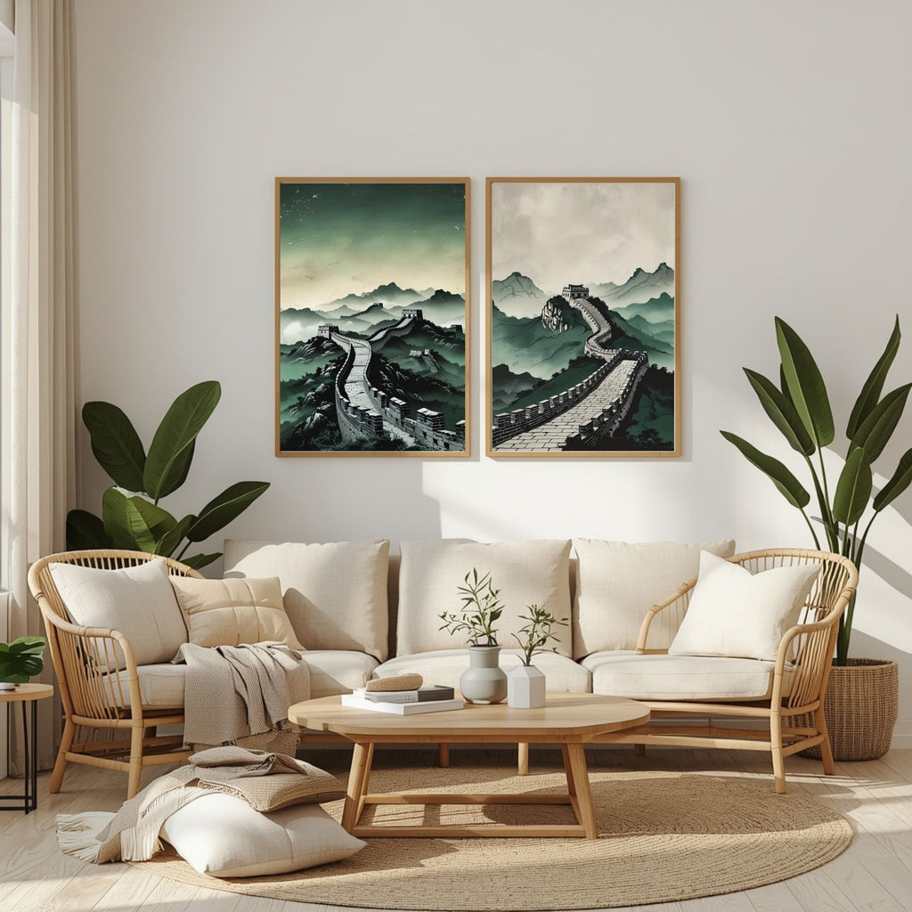 Great Wall of China Wall Art Set of 2 | Asian Landscape Prints | Chinese Architecture Decor | Oriental Mountain Artwork | Minimalist Travel Wall Art | Printable Decor