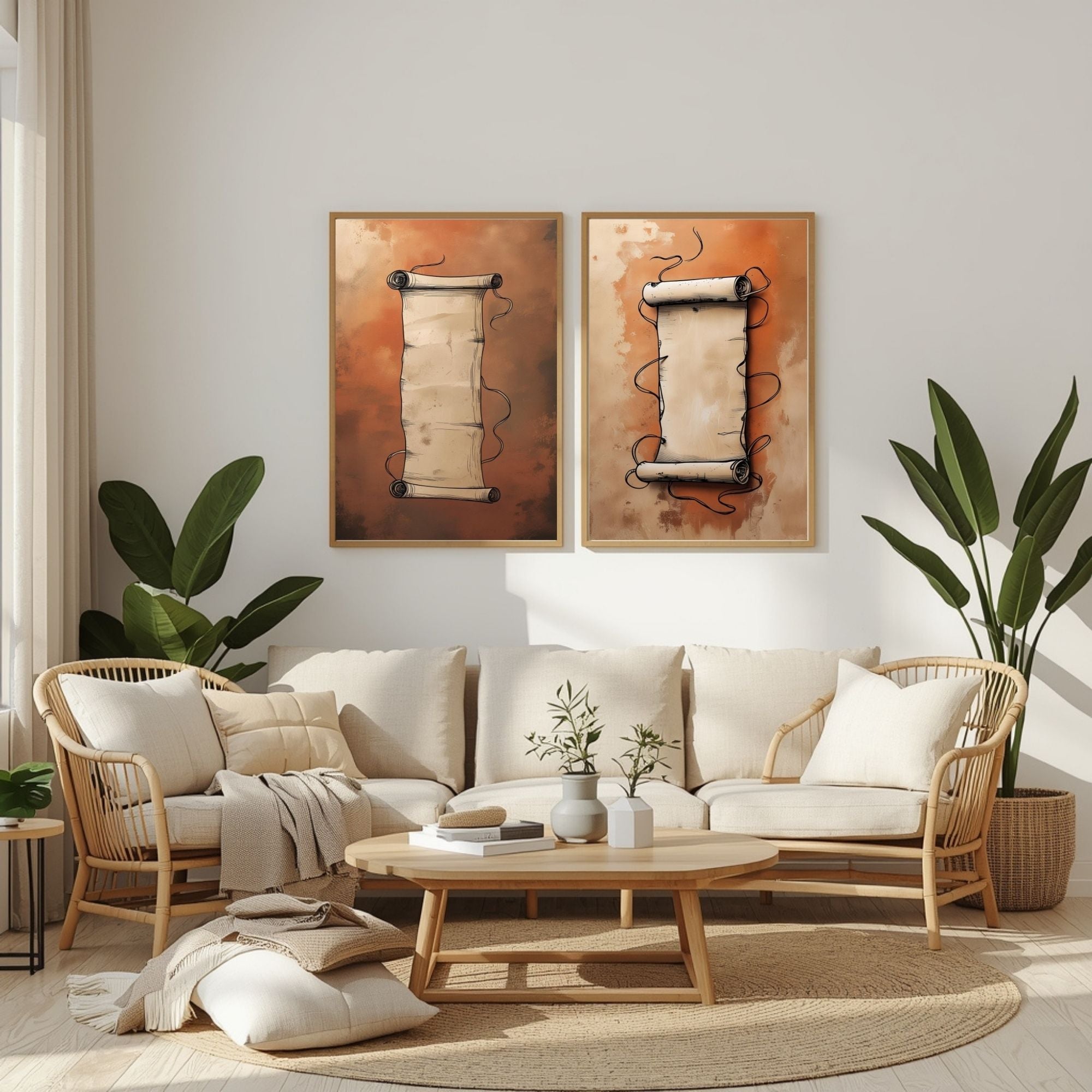 Vintage Scroll Wall Art Set of 2 | Printable Boho Wall Decor | Neutral Beige Art Prints