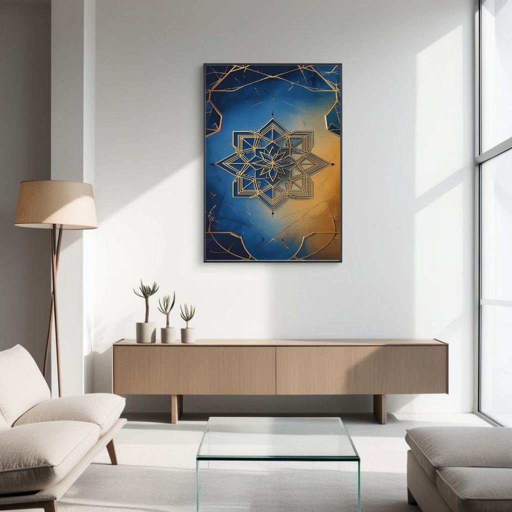 Islamic Geometric Wall Art Blue Gold Mandala Printable Poster